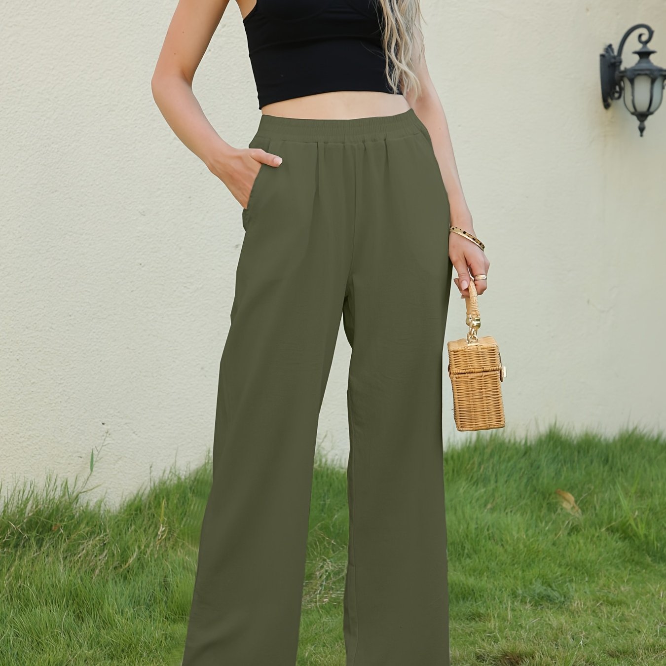 gbolsos Solid Wide Leg Elastic Waist Pants, Casual Dual Pockets Loose Pants, Women's Clothing