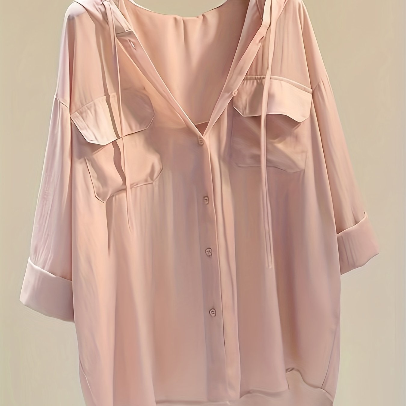 gbolsos Solid Pocket Button Hooded Blouse, Casual Drawstring Blouse For Spring & Summer, Women's Clothing