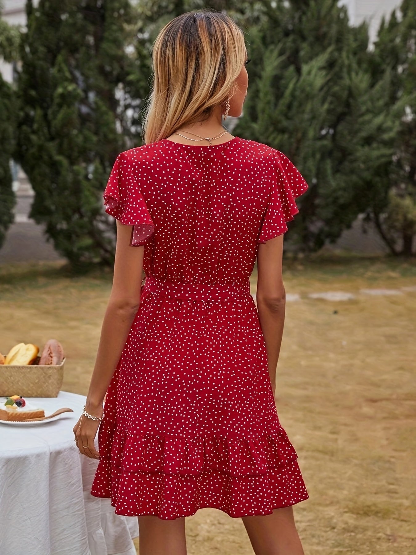 Polka Dot Flutter Sleeve Dress, Casual Layered Hem Dress For Spring & Summer, Women's Clothing