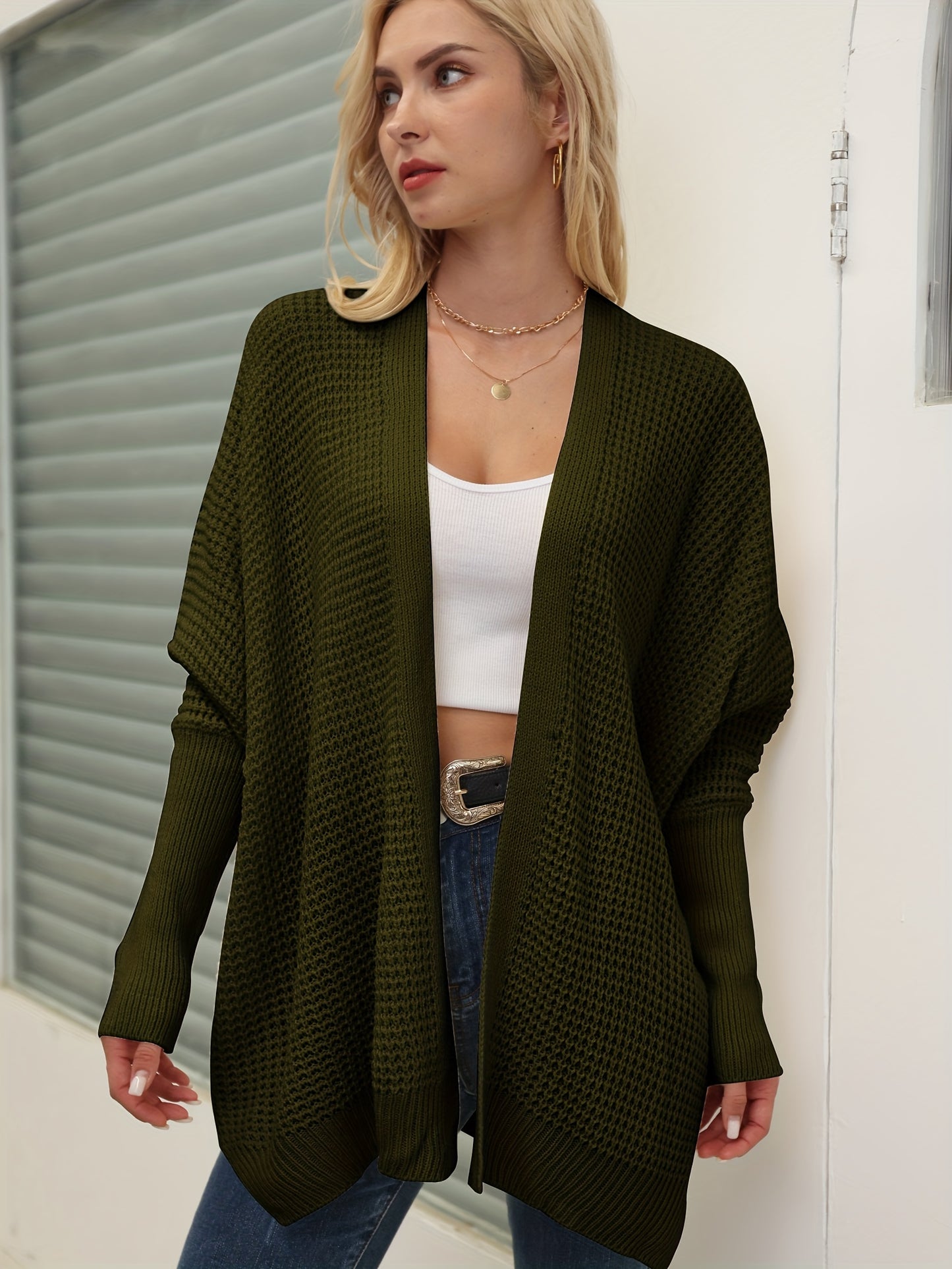 gbolsos Solid Simple Knit Cardigan, Casual Long Sleeve Open Front Sweater, Women's Clothing
