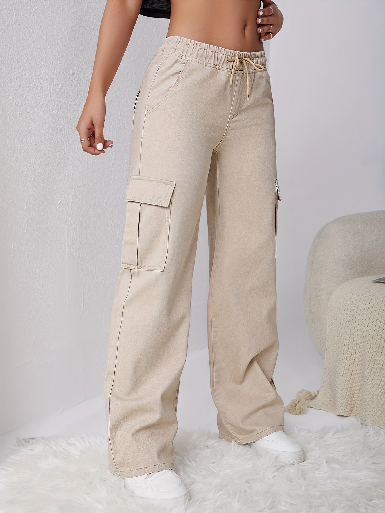 gbolsos Solid Color Drawstring Cargo Jeans, Elastic Waist Loose Wide Leg Denim Pants With Multi-pocket, Women's Denim Jeans & Clothing