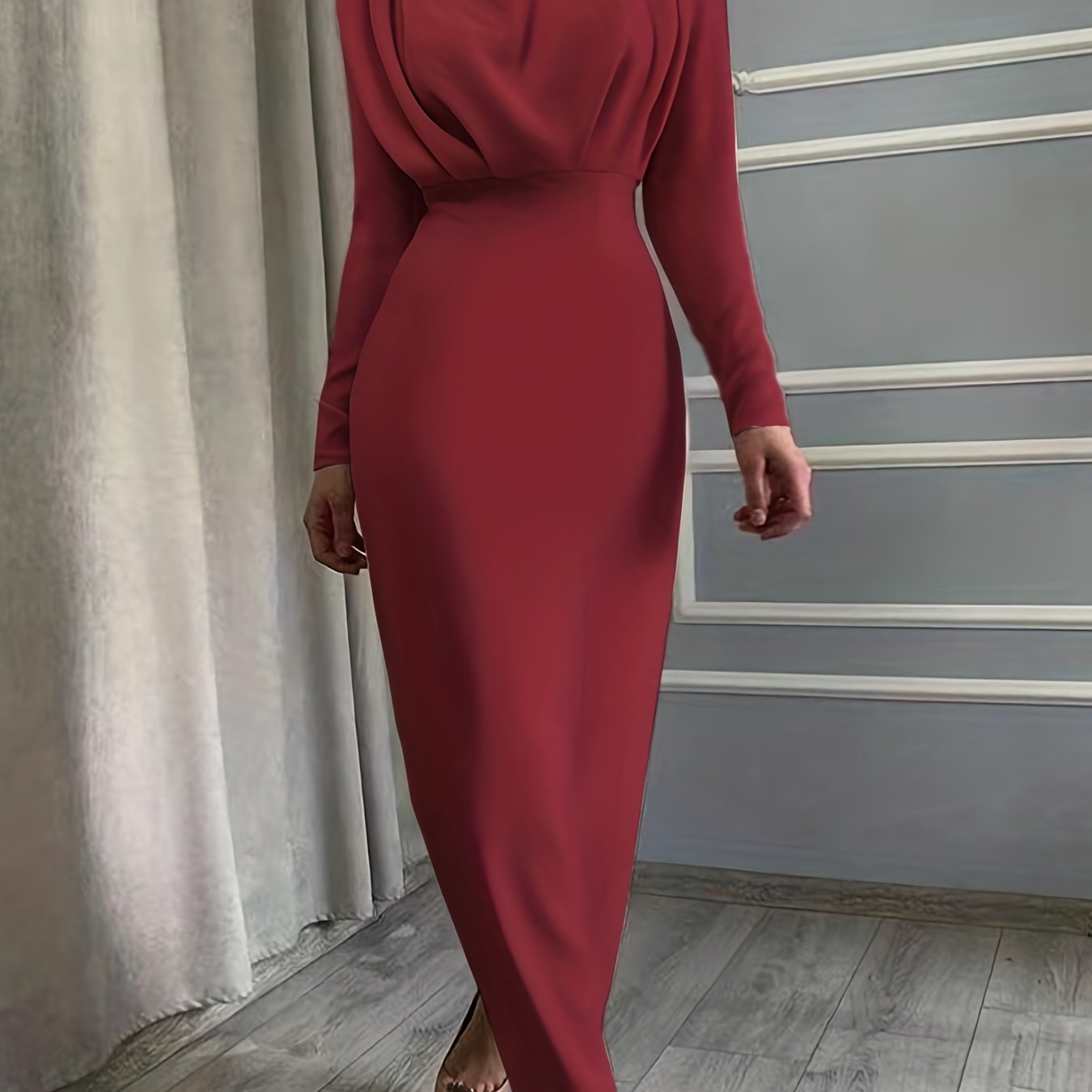 Solid Ruched Dress, Elegant Simple Long Sleeve Slim Waist Dress, Women's Clothing