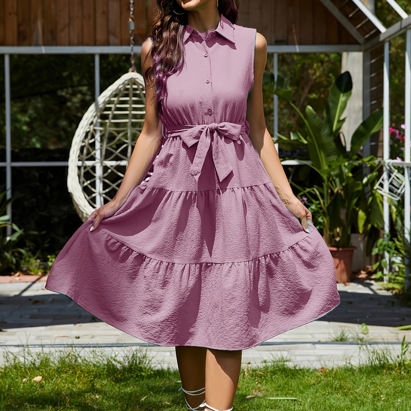 gbolsos Shirt Collar Belted Tiered Dress, Sleeveless Summer Vacation Casual Dress, Women's Clothing