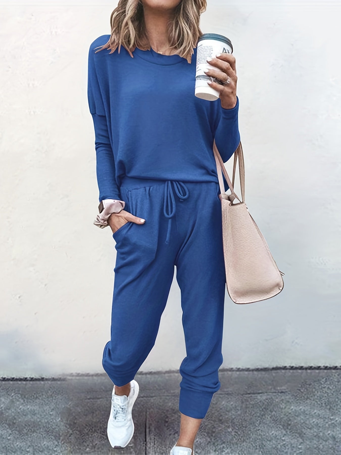 gbolsos Casual Solid Two-piece Set, Long Sleeve T-shirt & Drawstring Pants Outfits, Women's Clothing