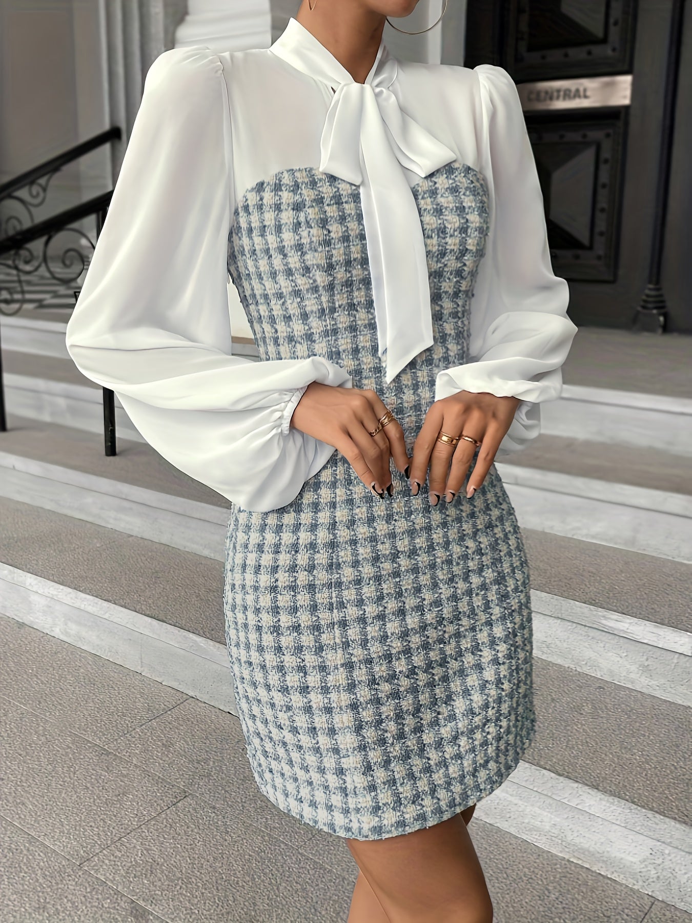 gbolsos Plaid Splicing Tie Neck Dress, Elegant Lantern Long Sleeve Dress, Women's Clothing
