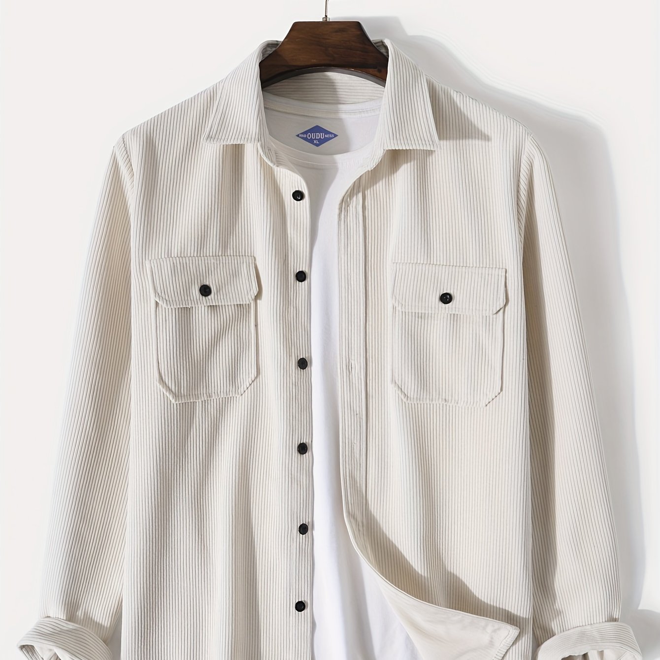 gbolsos Men's Retro Corduroy Shirt Top Turn-Down Collar Long Sleeve Closure Regular Fit Solid Male Casual Shirt For Daily