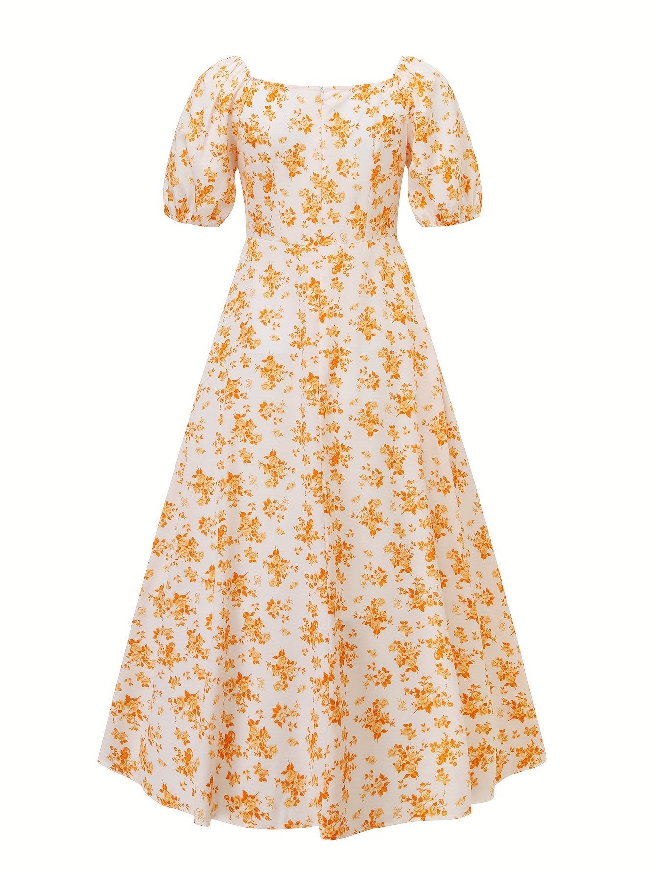 Floral Print Squared Neck Dress, Boho Puff Sleeve Split Thigh Maxi Dress, Women's Clothing