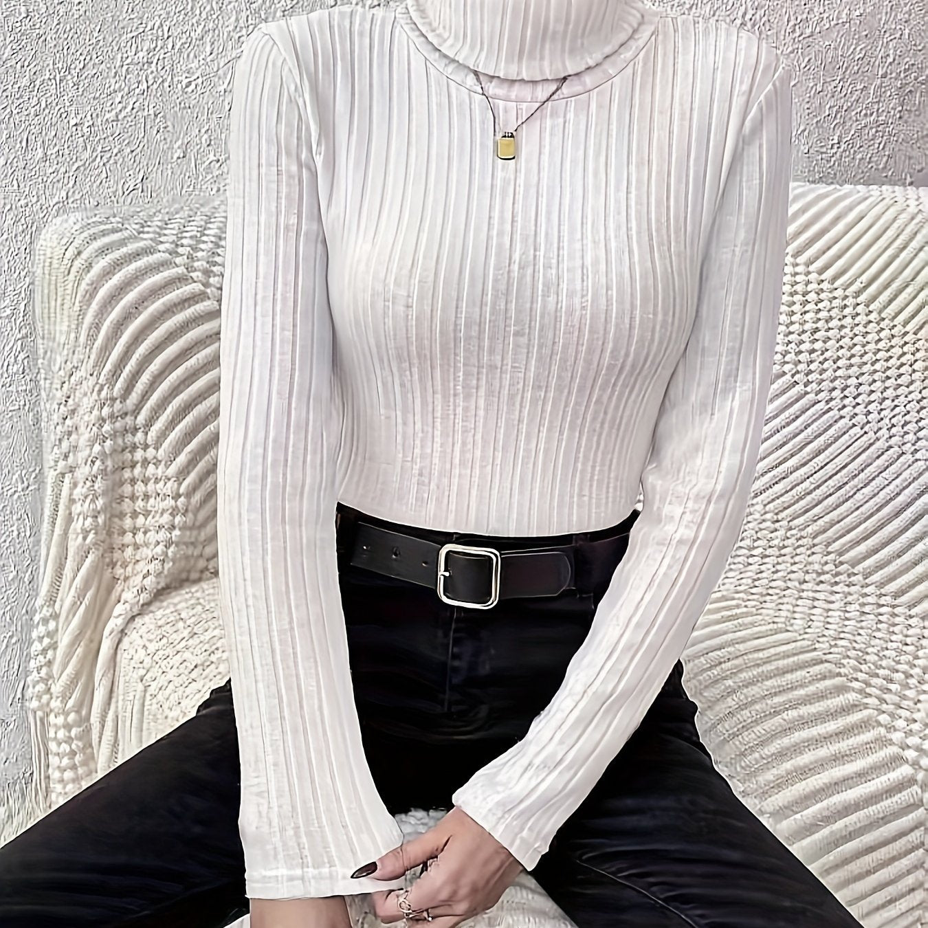 gbolsos Solid Ribbed Turtleneck T-shirt, Elegant Long Sleeve Slim Top For Spring & Fall, Women's Clothing