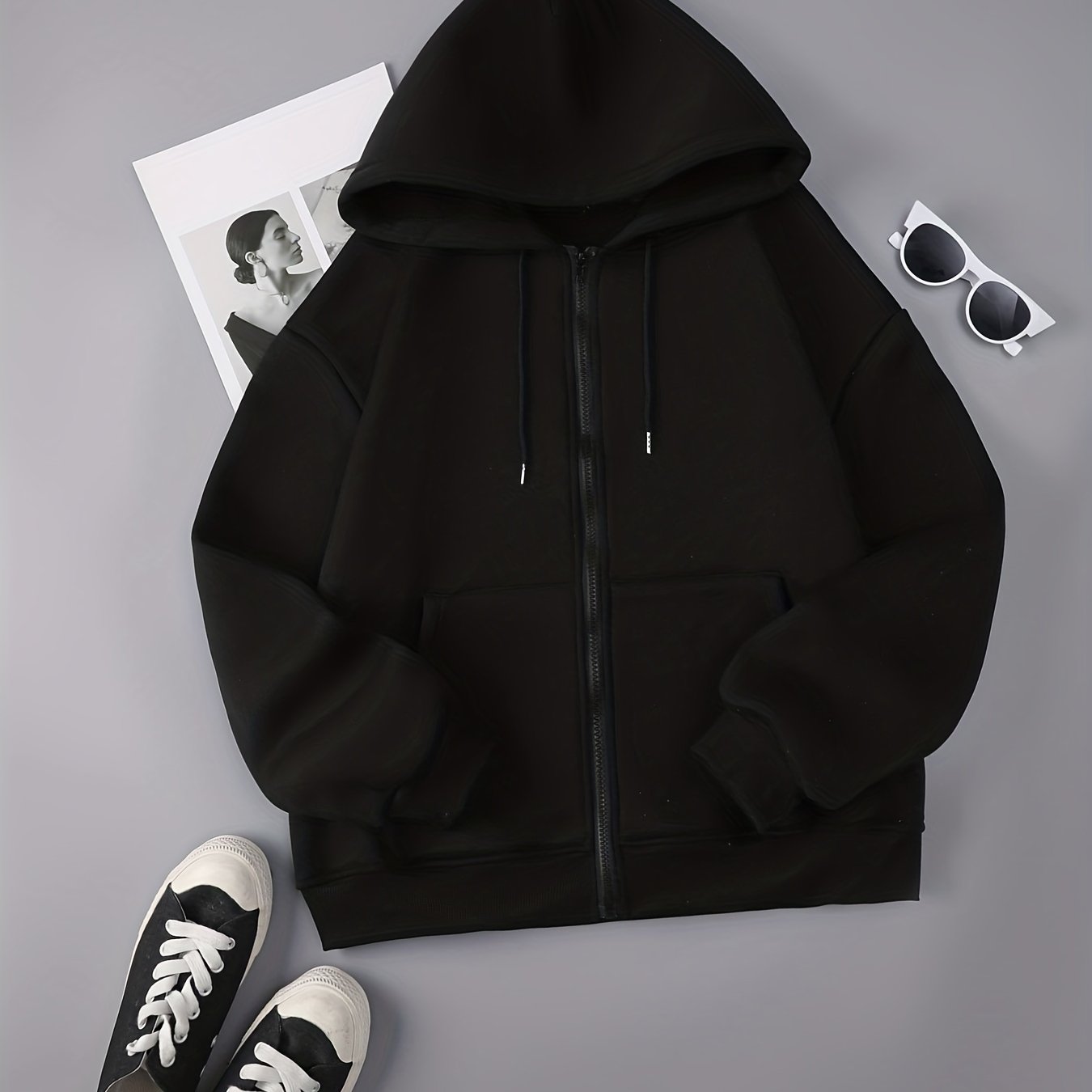 Zip Up Drawstring Hoodie, Pocket Casual Hooded Sweatshirt For Winter & Fall, Women's Clothing