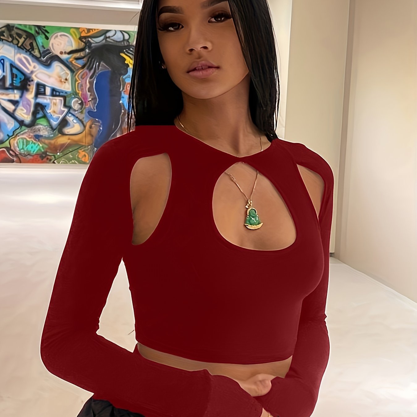 kkboxly Sexy Cut Out Crop T-Shirt, Long Sleeve Loose Casual Top, Women's Clothing