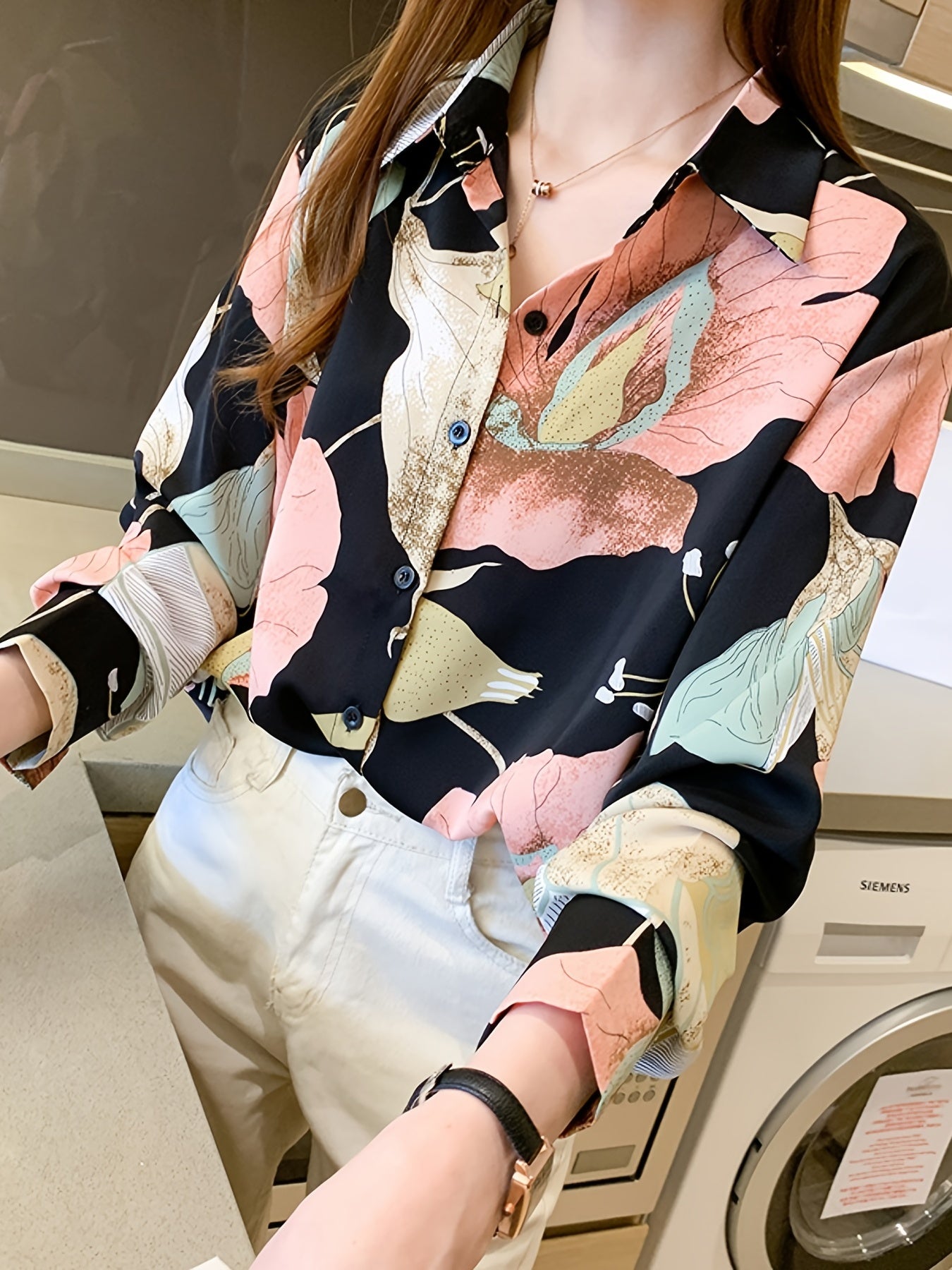 gbolsos Print V-neck Loose Lapel Blouses, Casual Button Down Long Sleeve Fashion Shirts Tops, Women's Clothing