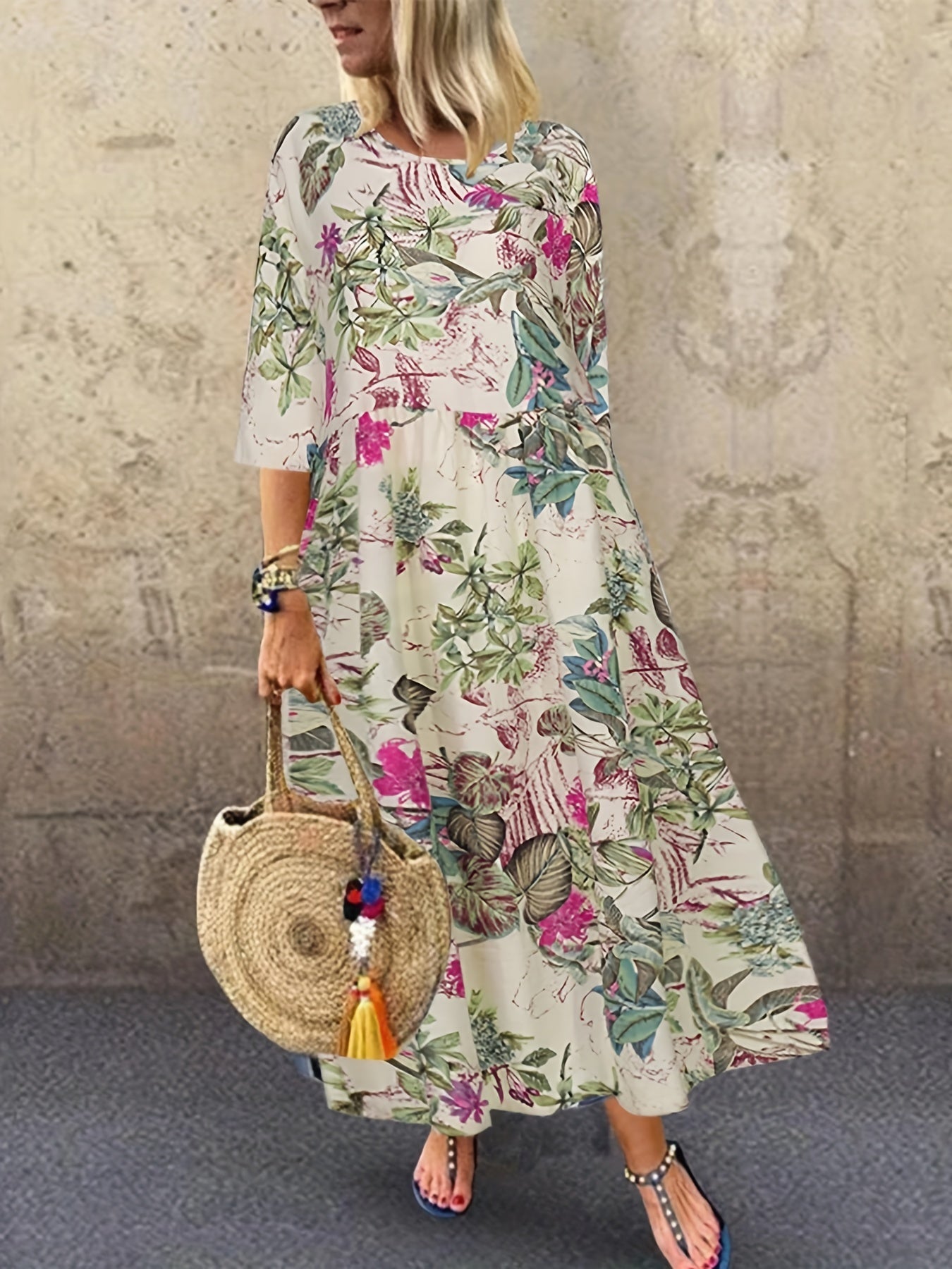 gbolsos Plus Size Casual Dress, Women's Plus Floral Print Half Sleeve Round Neck Maxi Dress
