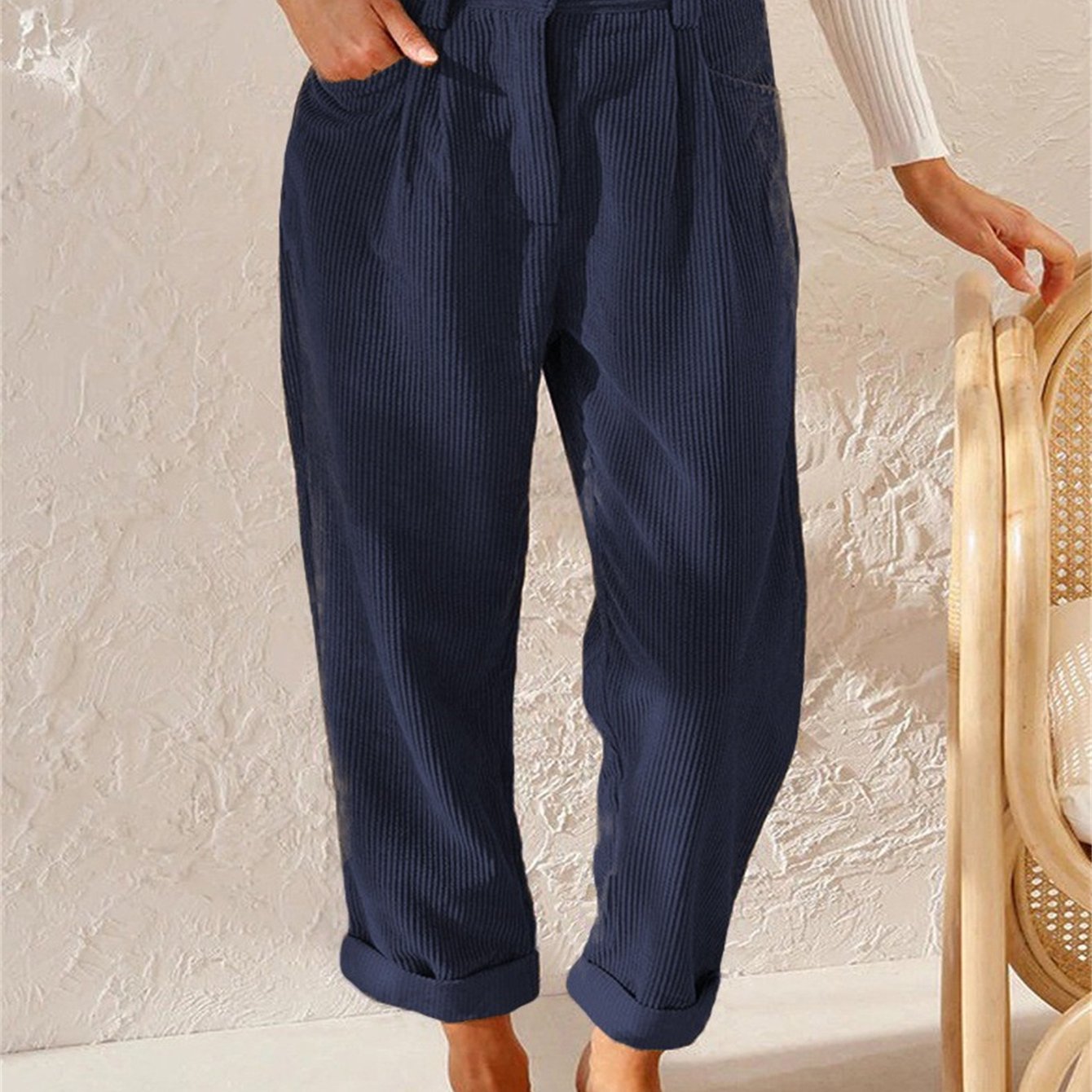 gbolsos Corduroy Straight Leg Pants, Solid High Waist Slant Pocket Pants, Casual Every Day Pants, Women's Clothing