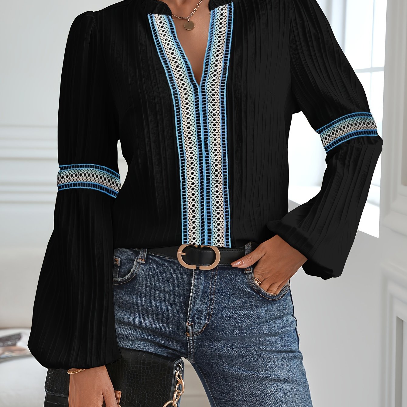 gbolsos Colorful Lace Stitching Blouse, Casual Long Sleeve Blouse For Spring & Fall, Women's Clothing