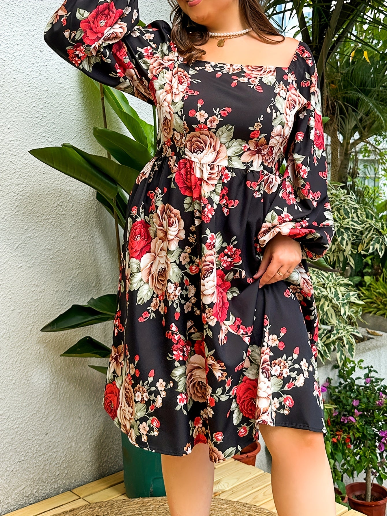 gbolsos Plus Size Elegant Dress, Women's Plus Shirred Ditsy Floral Print Lantern Sleeve Square Neck Nipped Waist Dress