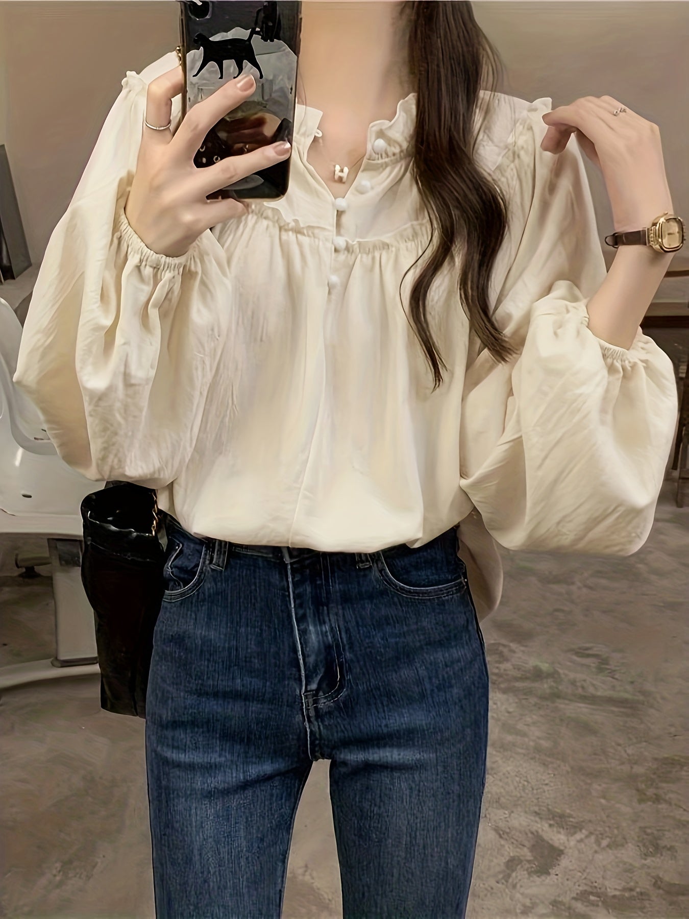 gbolsos Lettuce Trim Solid Blouse, Casual Crew Neck Long Sleeve Blouse, Women's Clothing