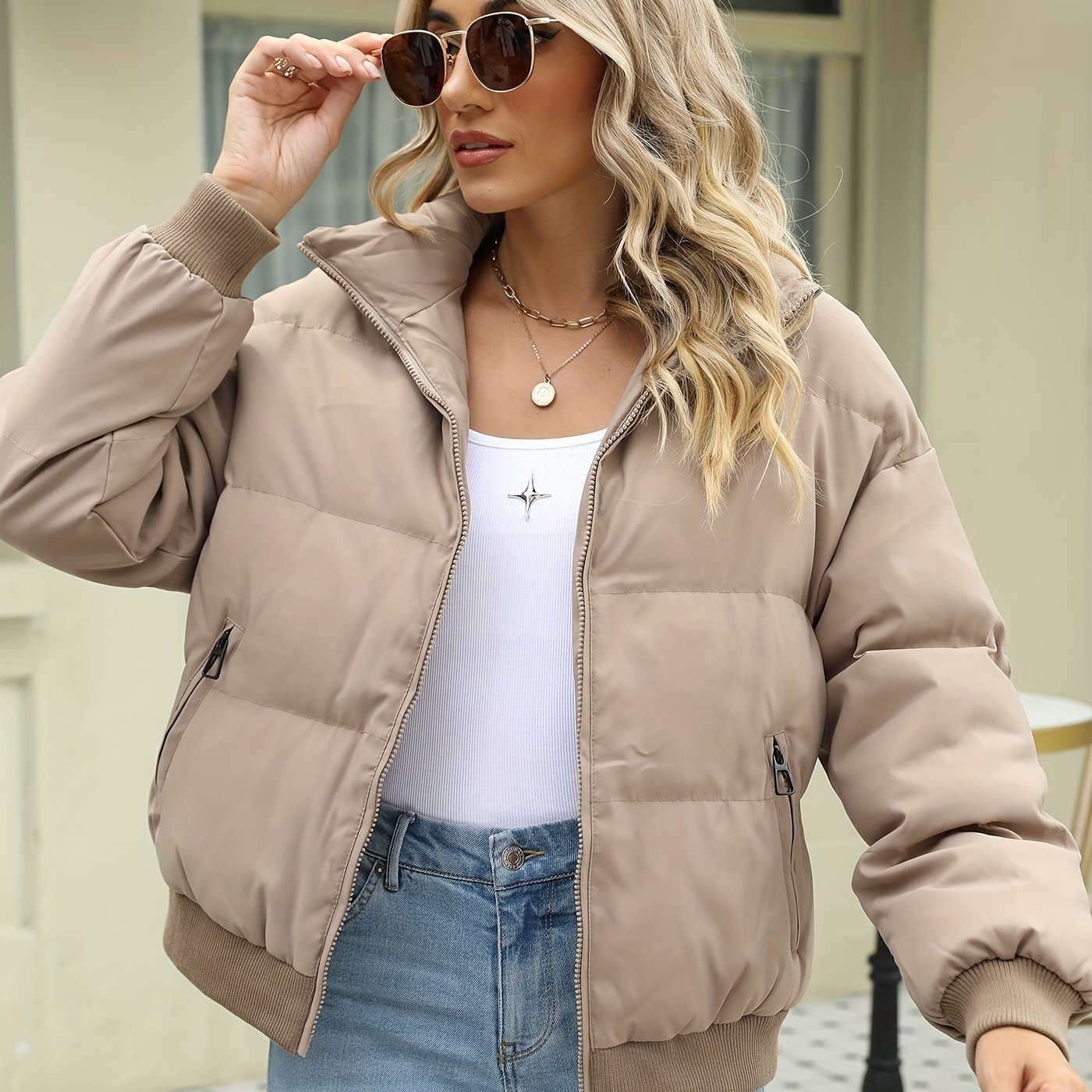 gbolsos Contrast Trim Slant Pockets Coat, Casual Zip Up Long Sleeve Coat For Winter, Women's Clothing