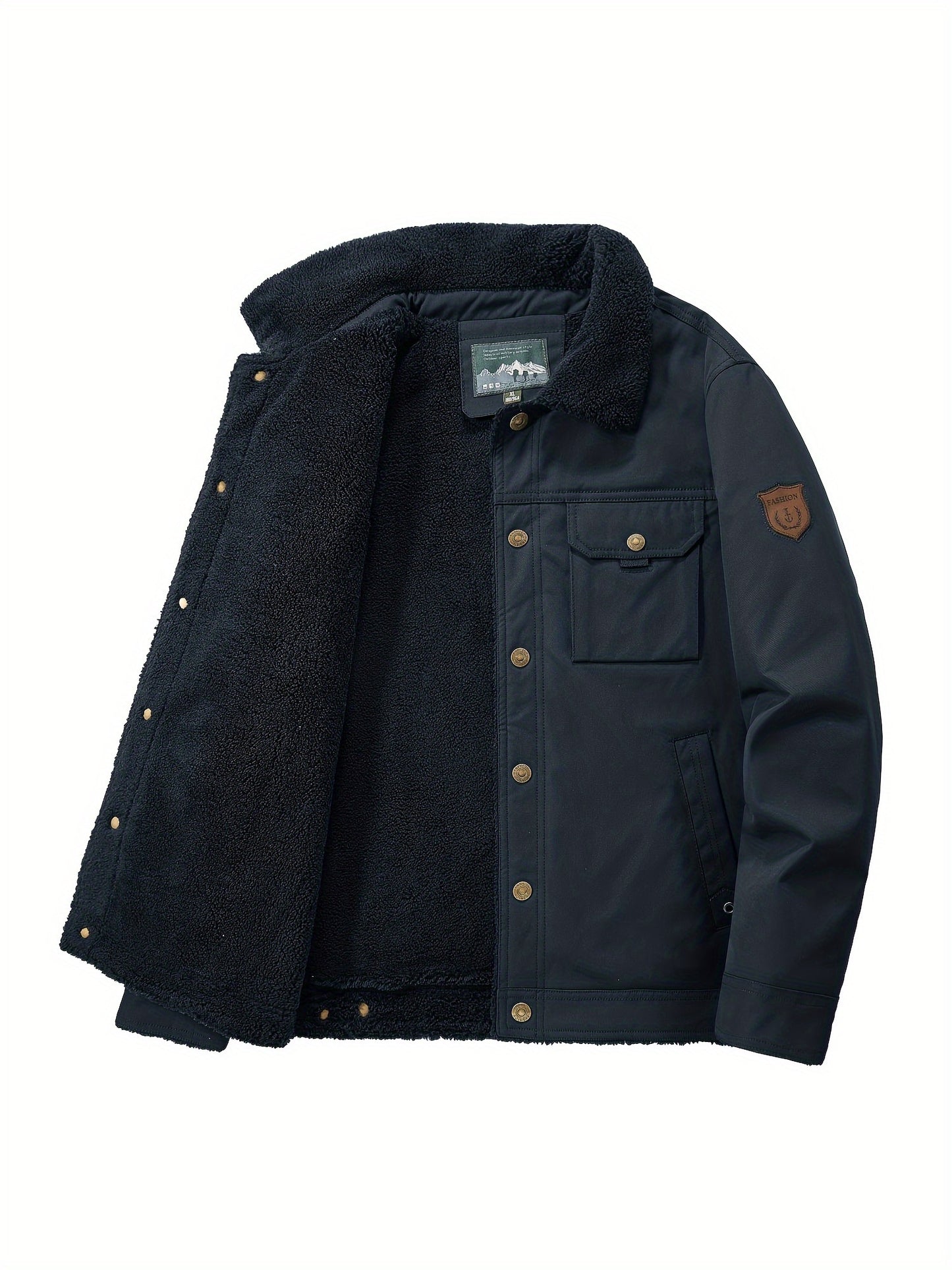 gbolsos Warm Fleece Windbreaker Jacket, Men's Casual Lapel Multi Pocket Cargo Jacket Coat For Fall Winter Outdoor Activities