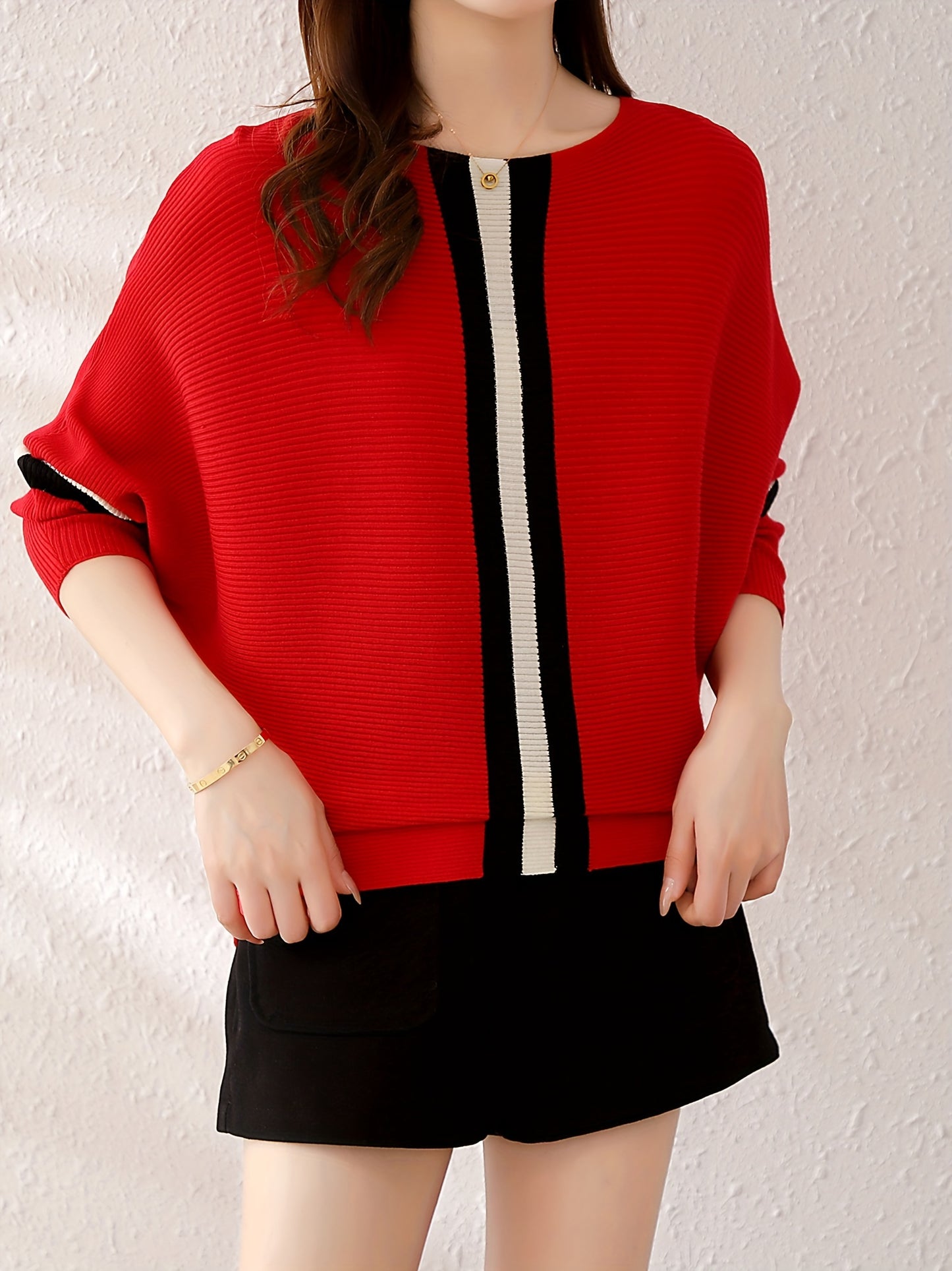 gbolsos Color Block Boat Neck Knit Sweater, Elegant Long Sleeve Sweater, Women's Clothing