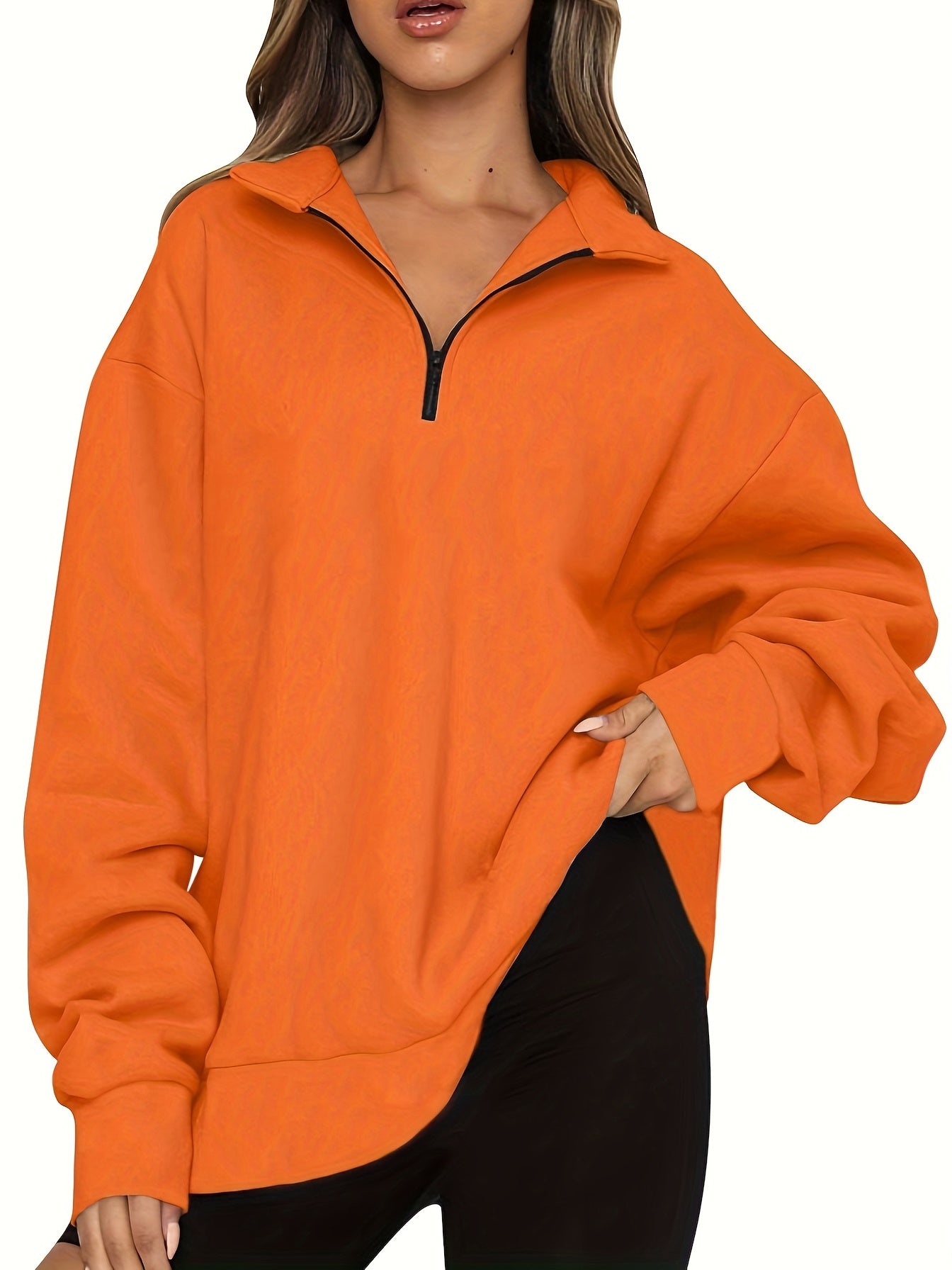 Quarter Zip Lapel Neck Sweatshirt, Casual Sporty Long Sleeve Sweatshirt For Fall & Winter, Women's Clothing