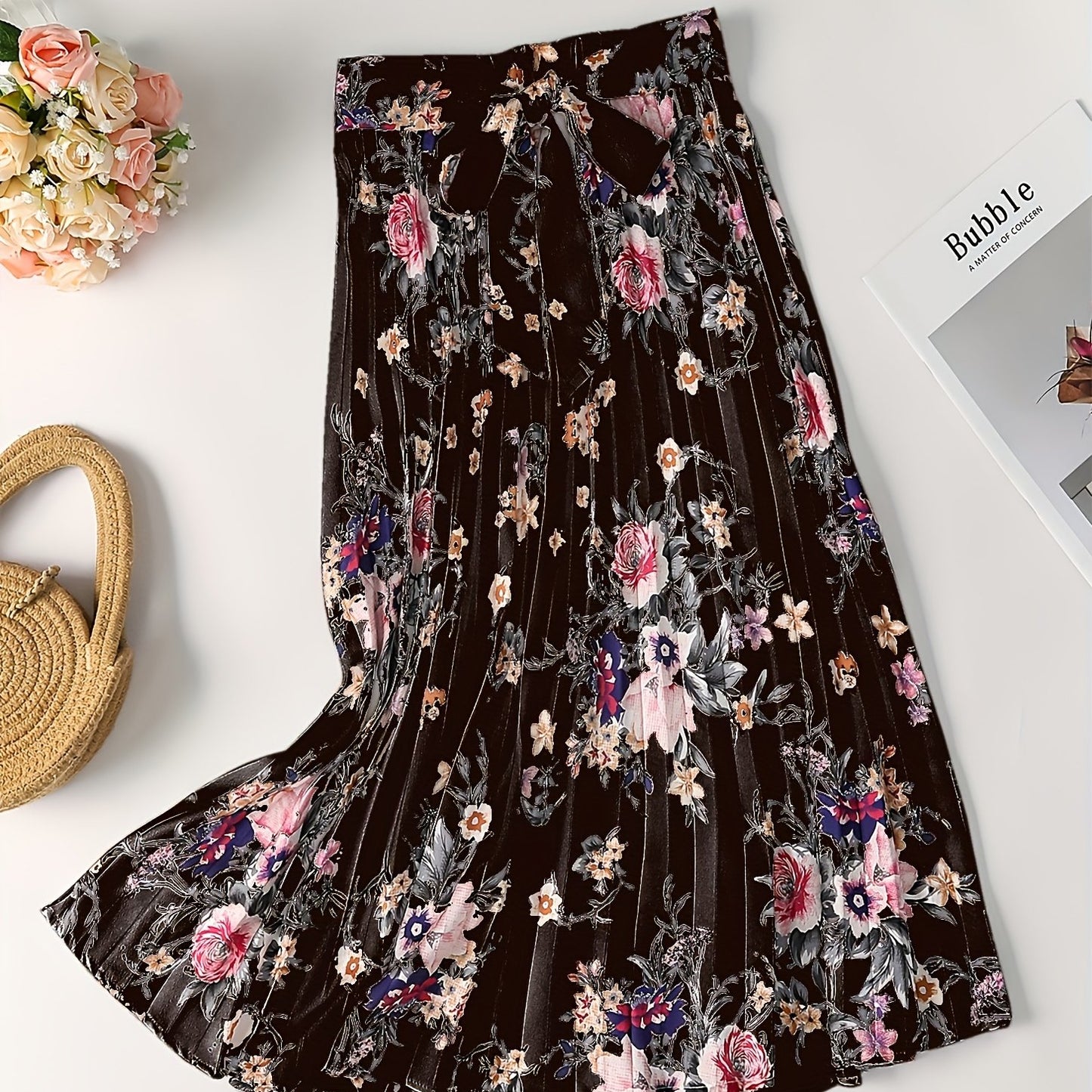 Vintage Floral Print Skirts, Elegant Pleated Tie Waist Daily Skirts, Women's Clothing