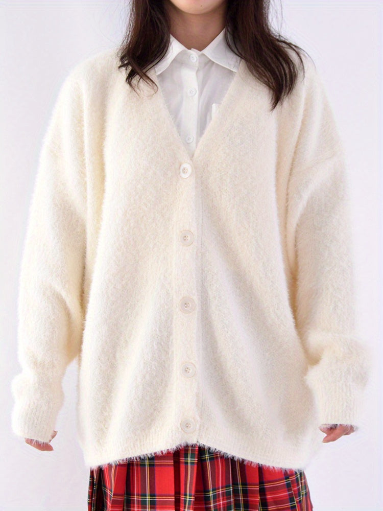 gbolsos Fuzzy Button Front Knit Cardigan, Casual V Neck Long Sleeve Solid Sweater, Women's Clothing