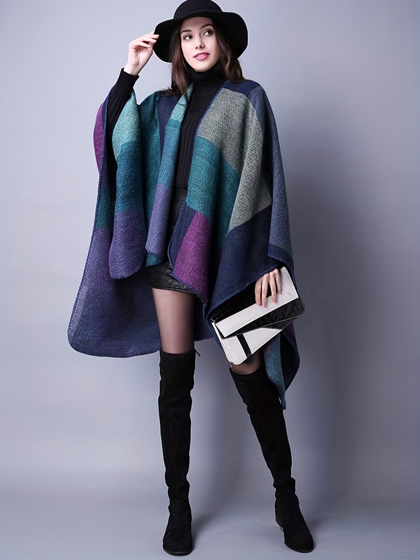 Plus Size Casual Coat, Women's Plus Colorblock Batwing Sleeve Open Front Slight Stretch Cape Coat