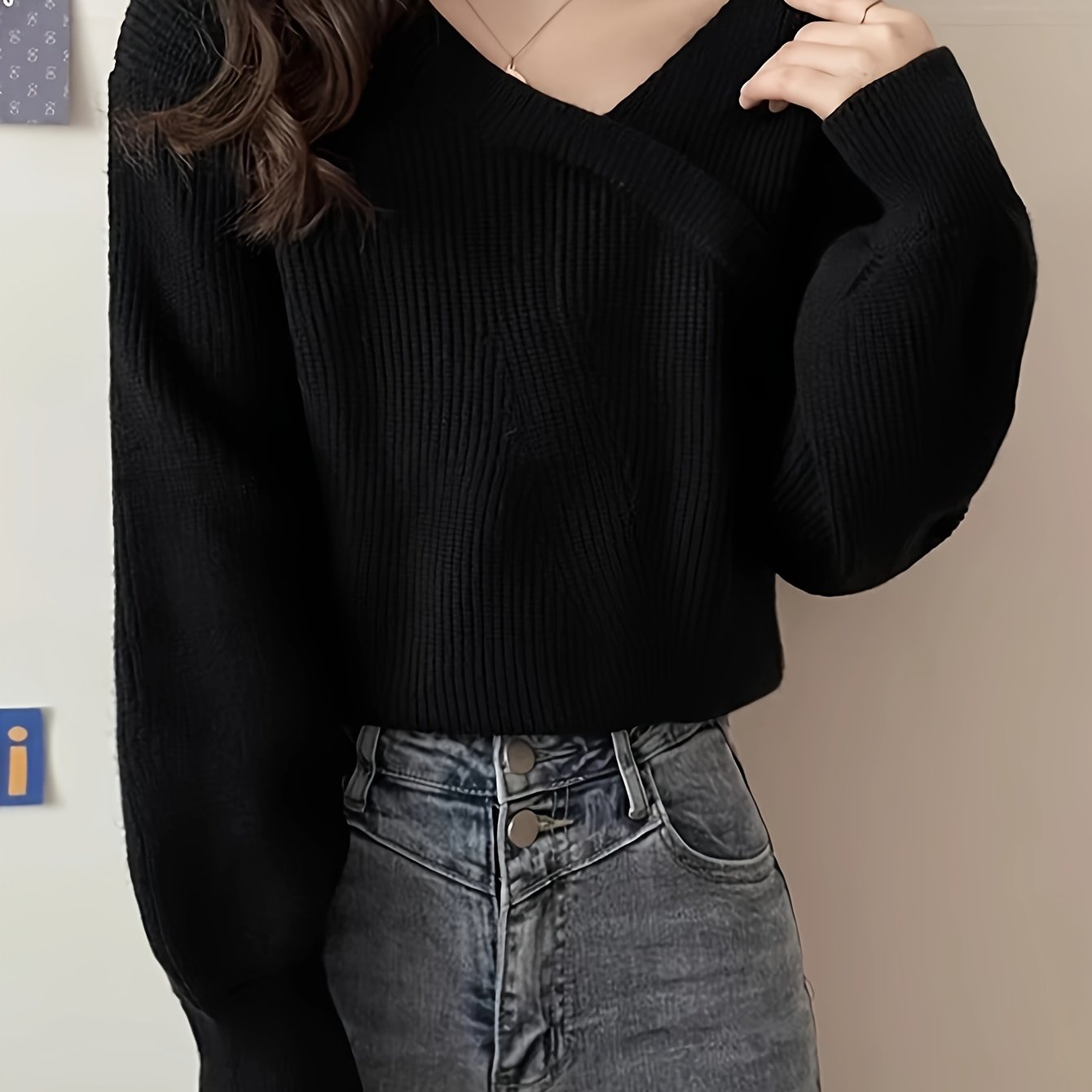 gbolsos Solid Mock Neck Pullover Sweater, Elegant Cut Out Lantern Sleeve Stylish Sweater, Women's Clothing