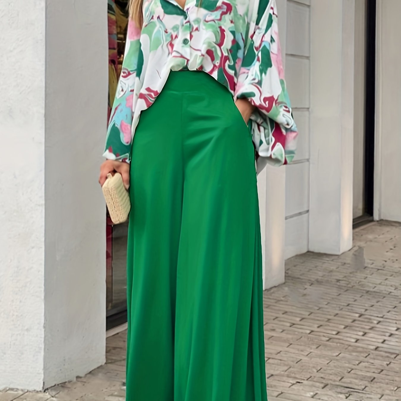 gbolsos Batwing Sleeve Tie Dye Blouse & High Waist Solid Pantsuits