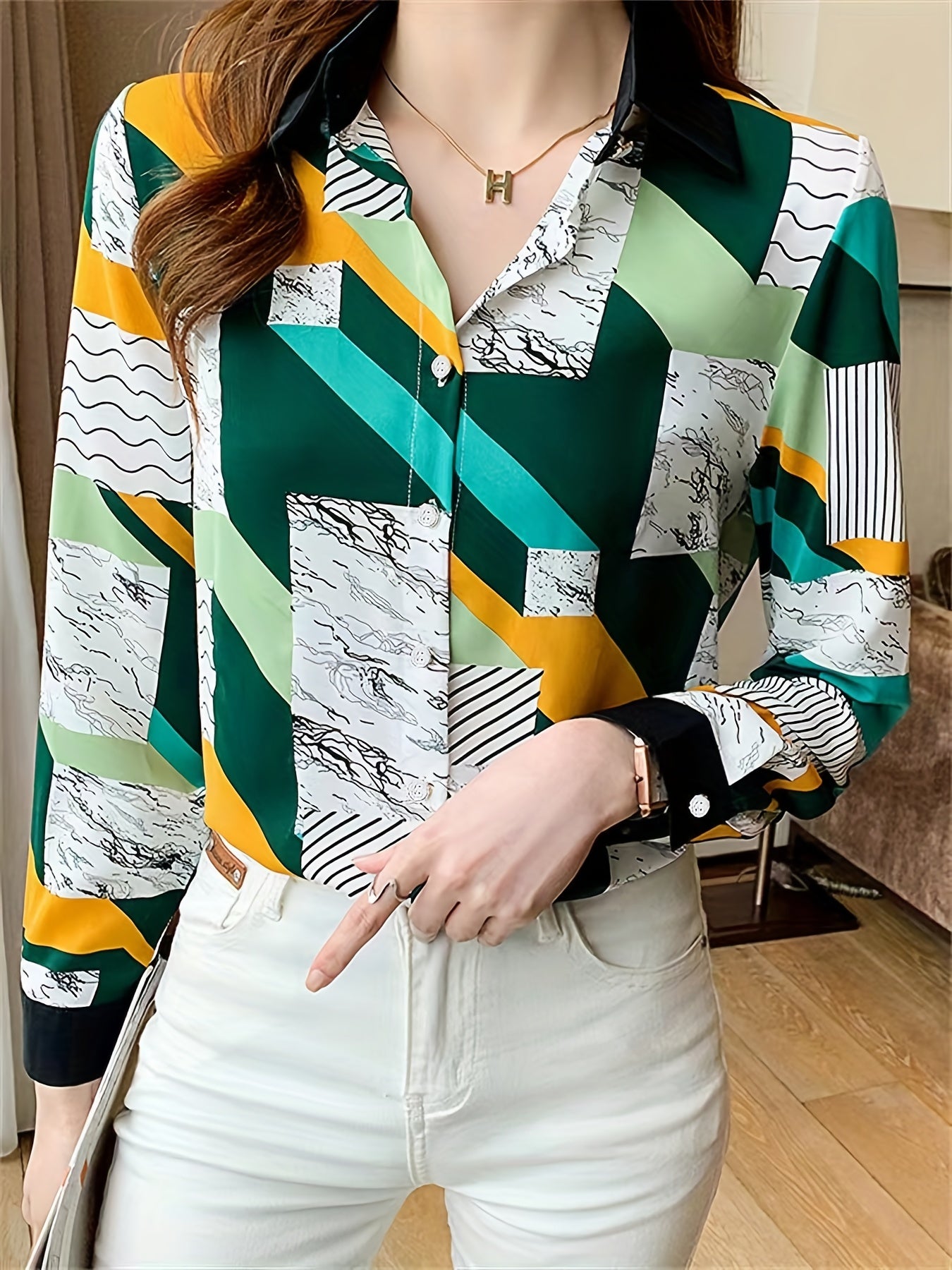 gbolsos Colorblock Geometric Print Polo Collar Shirt, Casual Long Sleeve Shirt For Spring & Fall, Women's Clothing