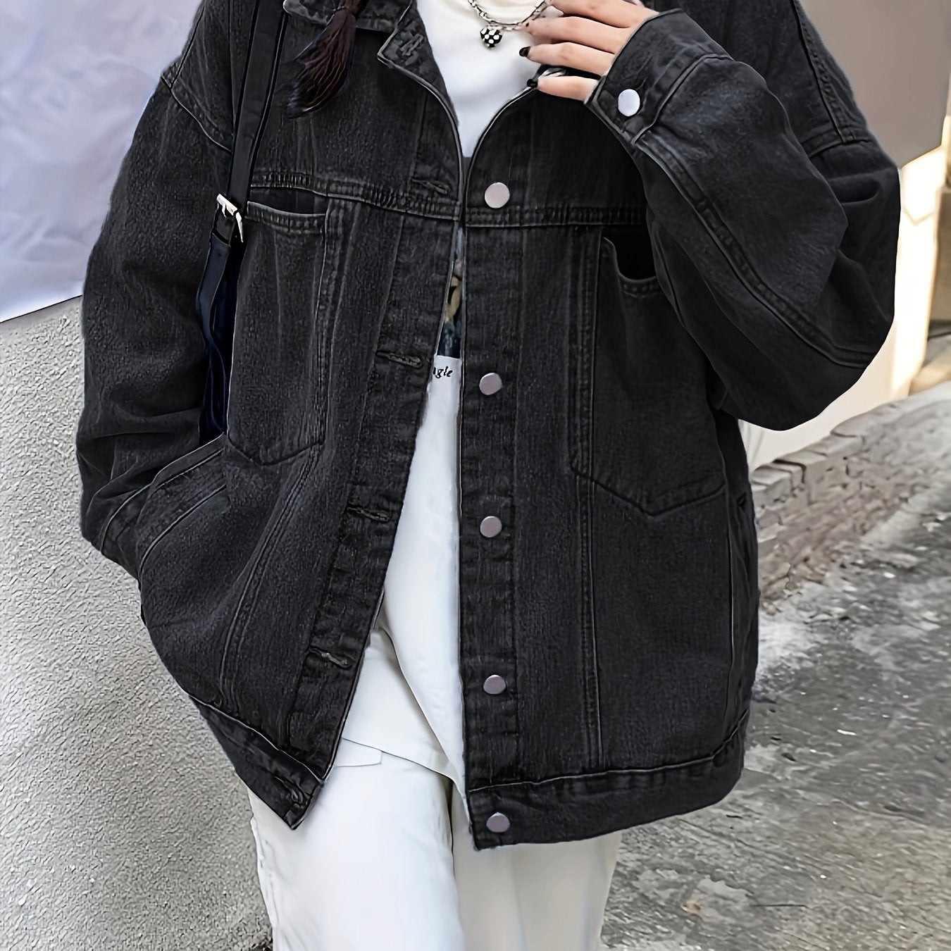 gbolsos Plain Loose Fit Denim Jackets, Patch Pockets Long Sleeves Lapel Versatile Denim Coats, Women's Denim Clothing