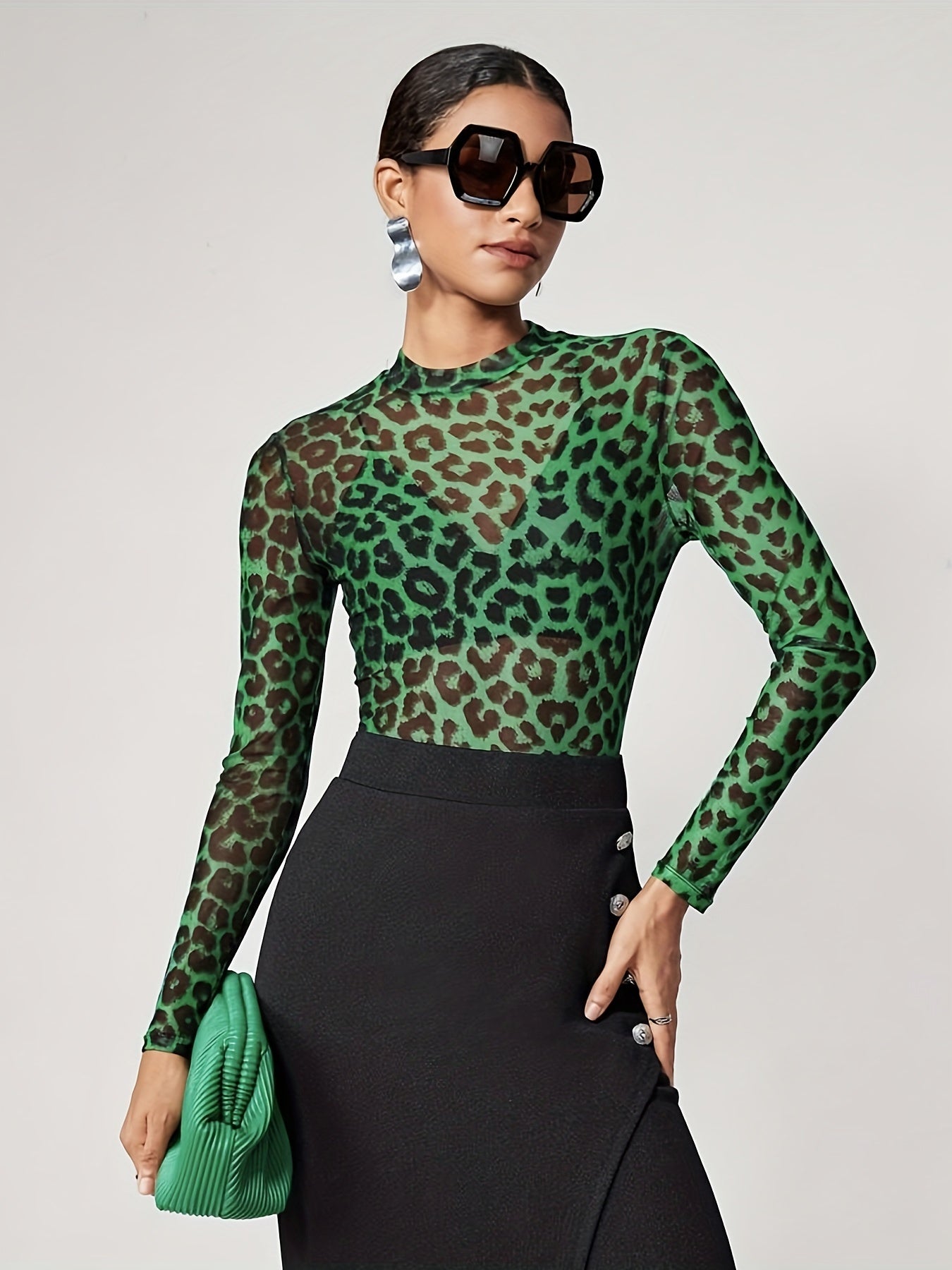 gbolsos Leopard Print Crew Neck T-Shirt, Y2K Long Sleeve Skinny T-Shirt For Every Day, Women's Clothing