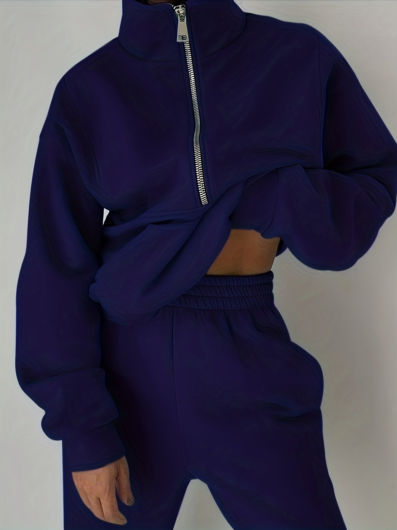 Casual Matching Two-piece Set, Zip Up Sweatshirt & Solid Sweatpants Outfits, Women's Clothing