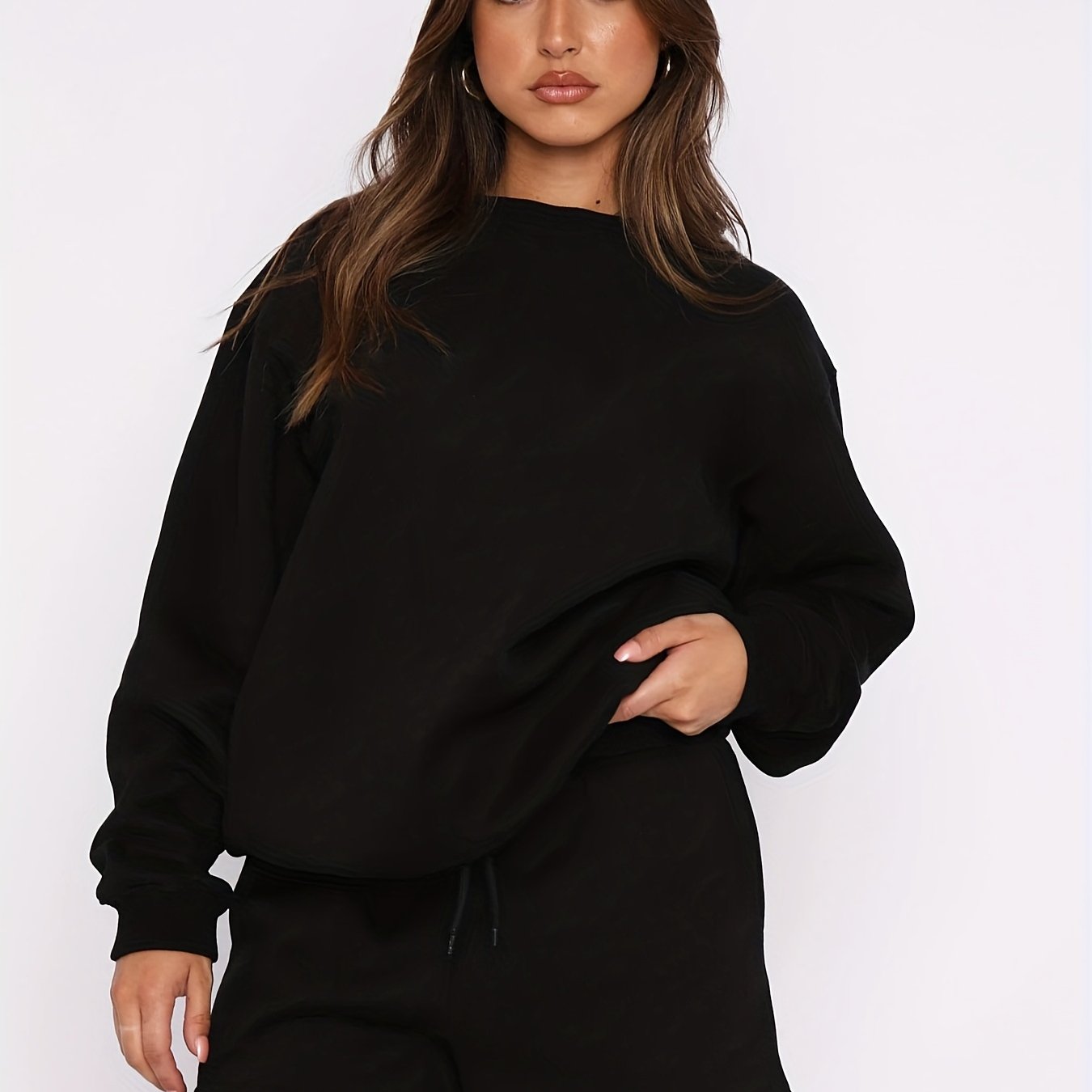 gbolsos 2 Pieces Solid Color Casual Sports Set, Crew Neck Long Sleeve Pullover Shirts & Drawstring Sweatpants, Women's Activewear