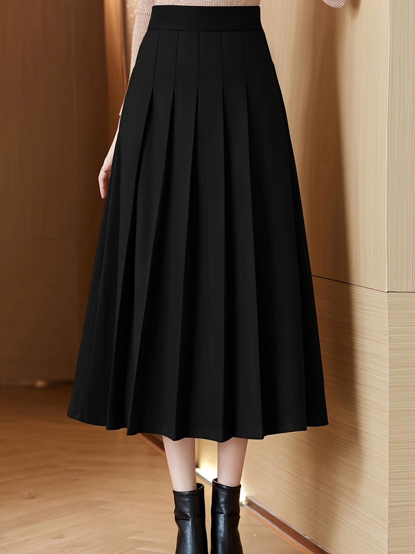 gbolsos Solid High Waist Skirt, Elegant Pleated Midi Draped Skirt, Women's Clothing