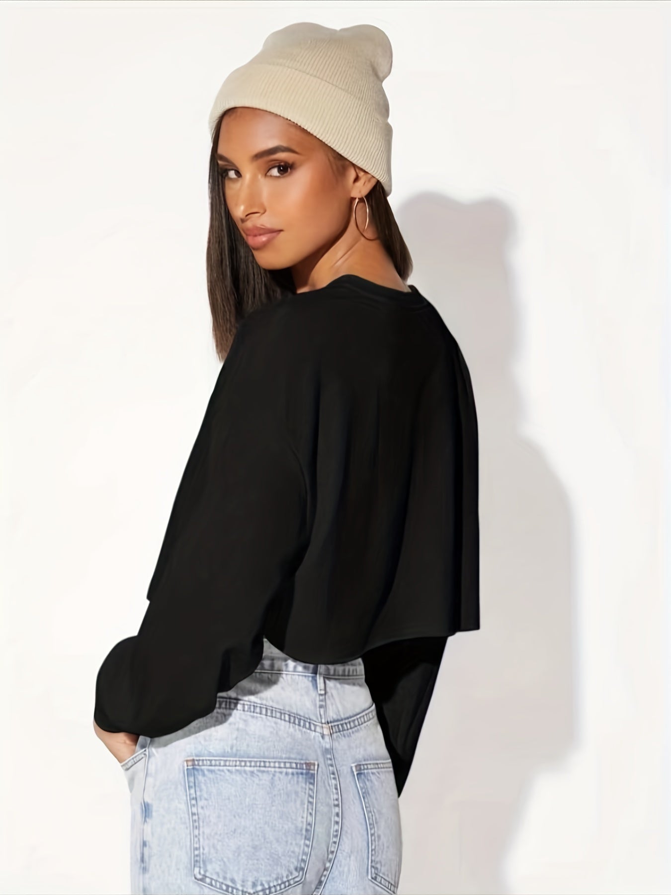 gbolsos Drop Shoulder Crop Pullover Active Sweatshirt, Solid Long Sleeve Crew Neck Casual Sports Sweatshirt, Women's Tops