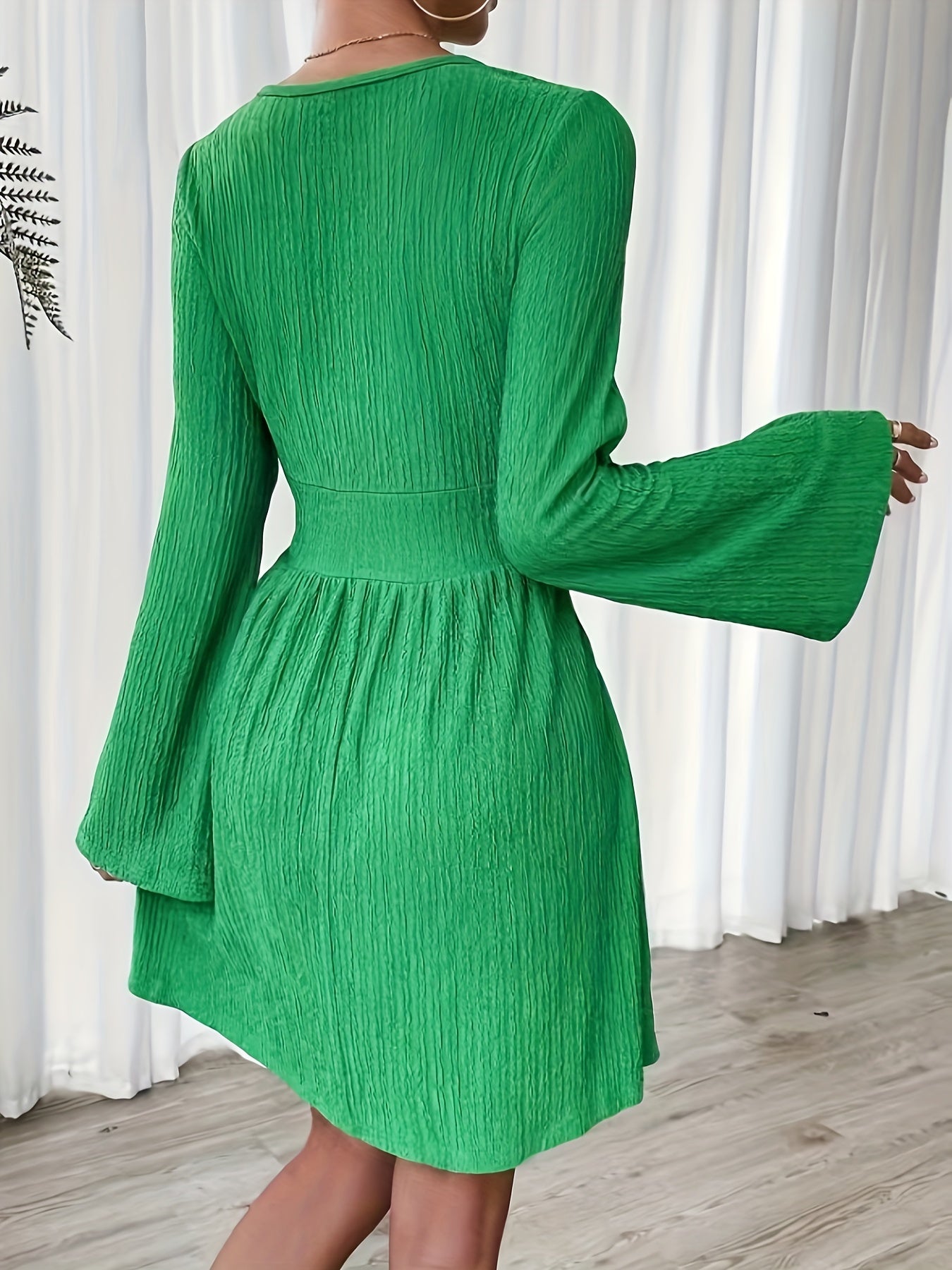 gbolsos Solid Color Flared Sleeve Dress, Casual Crew Neck A-line Dress, Women's Clothing
