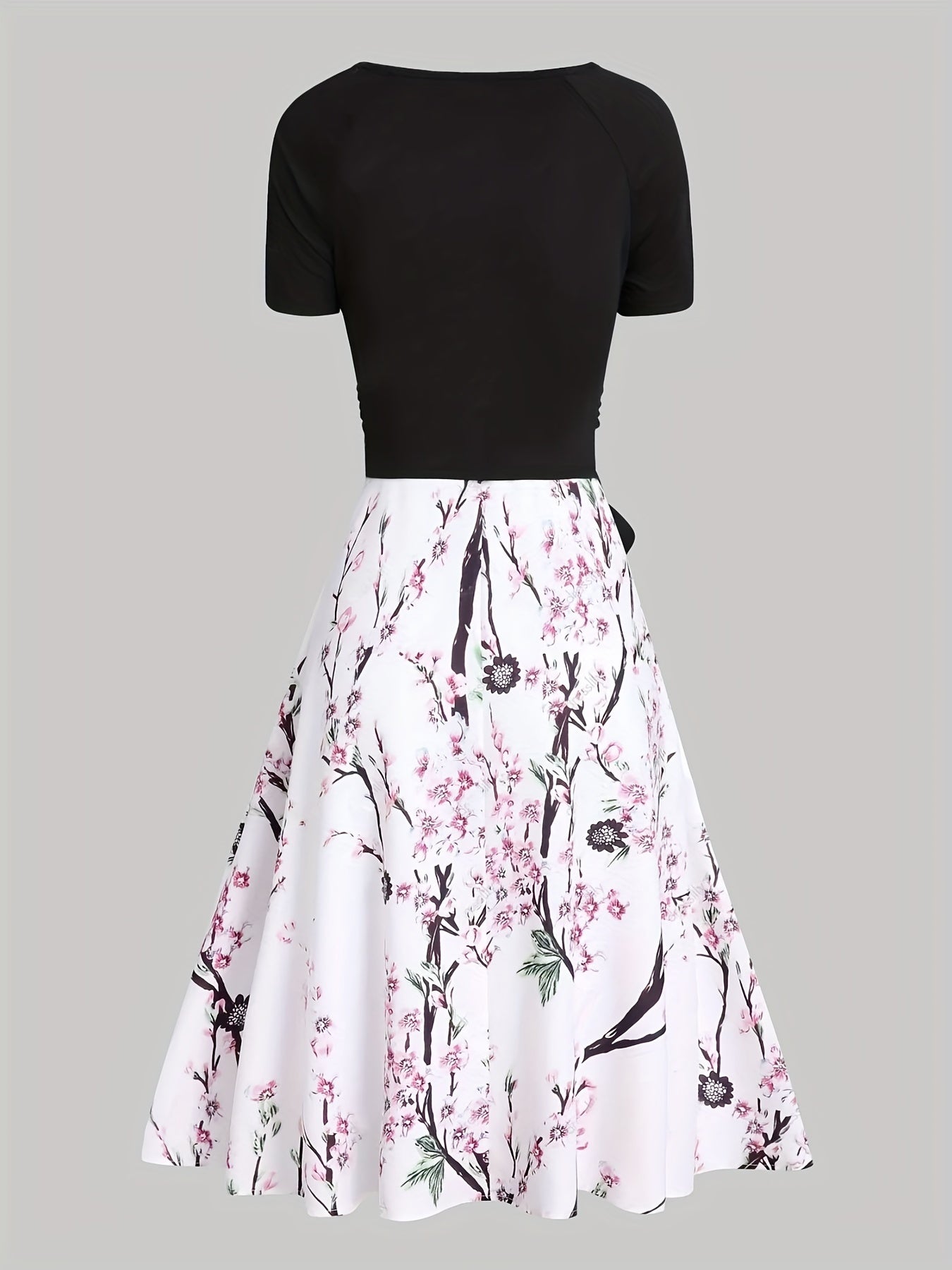 gbolsos Elegant Two-piece Skirt Set, Short Sleeve Surplice Neck Belted Top & Floral Print Flared Skirt Outfits, Women's Clothing