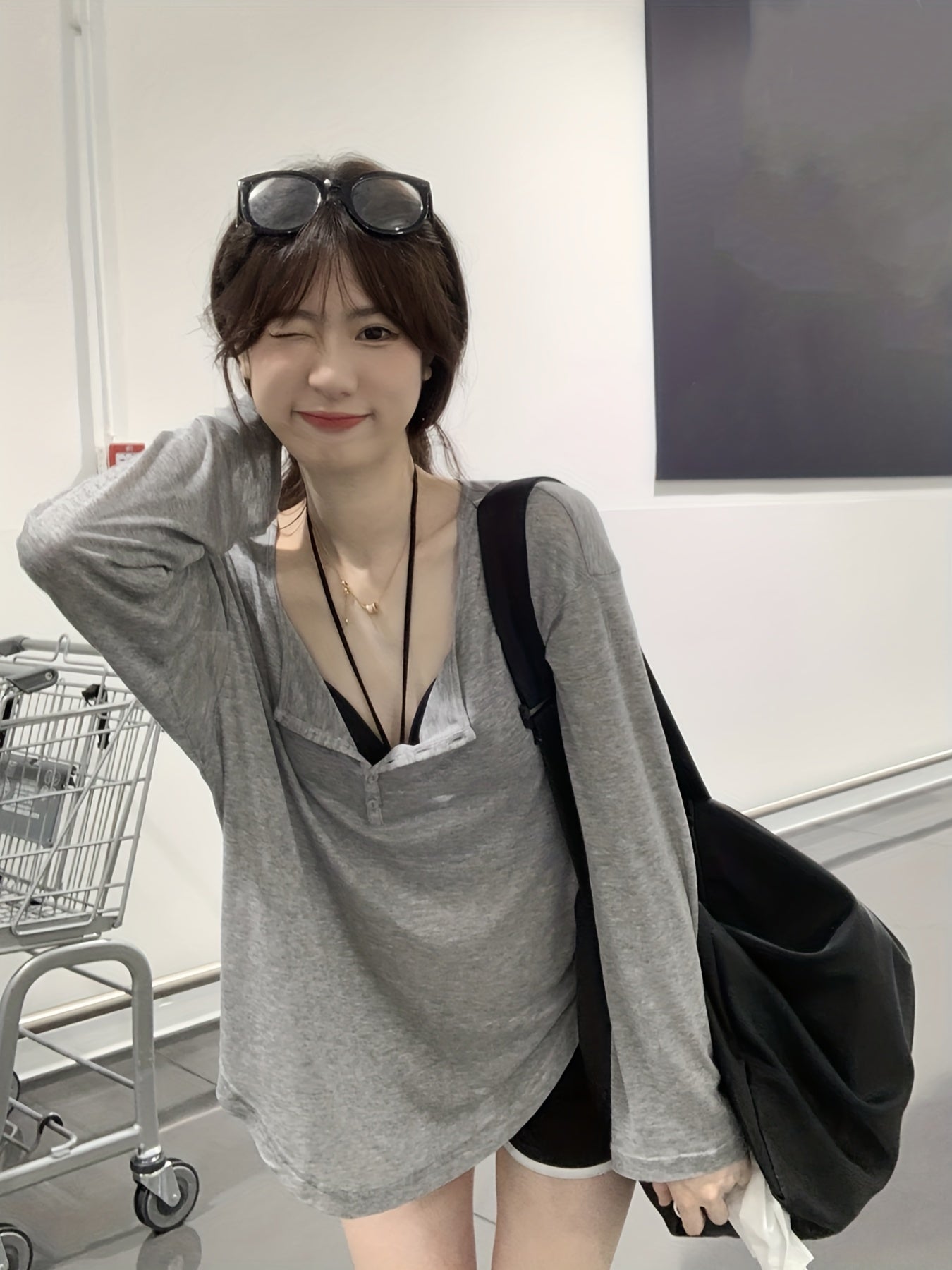 gbolsos Grey Single-breasted Scoop Neck Cover Up T-shirt Top, Long Sleeve Semi Sheer Loose Fit Solid Color Sun Protection Beach Coverup Shirt, Women's Swimwear & Clothing