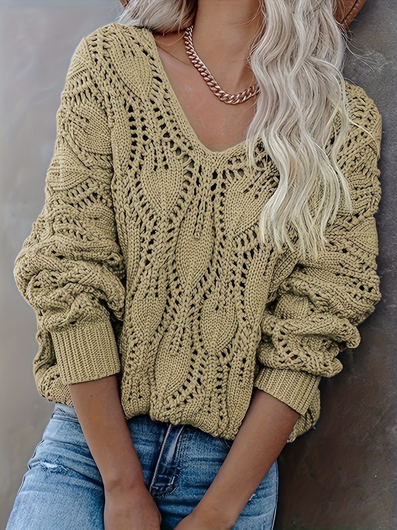 Cut Out V Neck Sweater, Casual Long Sleeve Sweater For Fall & Winter, Women's Clothing