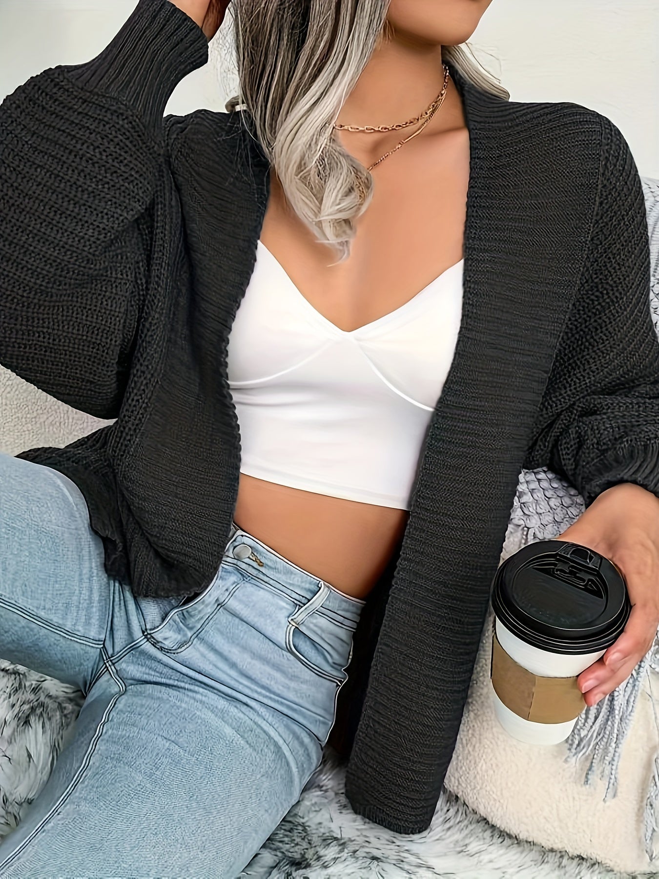 2025 gbolsos Solid Open Front Knit Cardigan, Casual Batwing Sleeve Loose Sweater, Women's Clothing