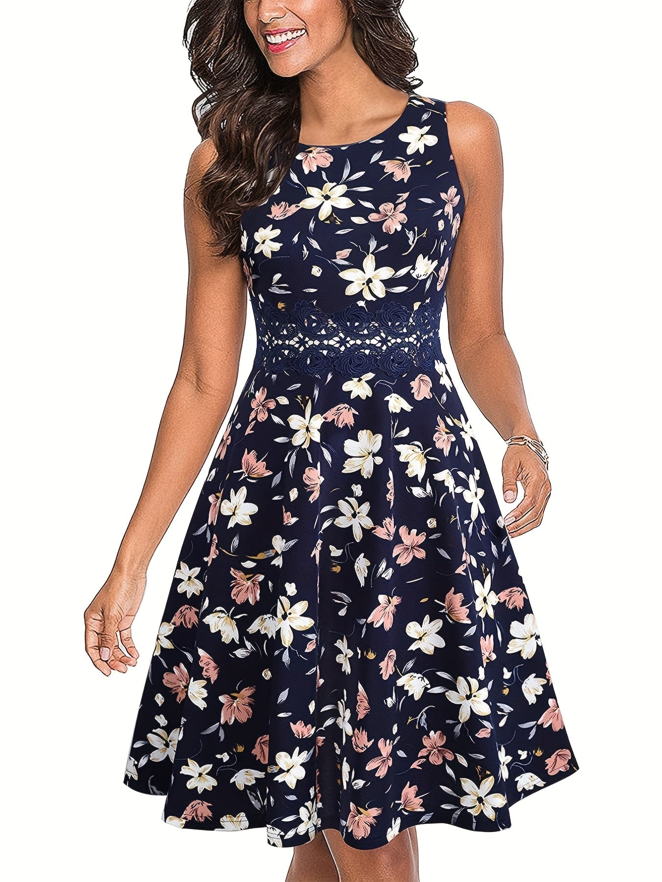 gbolsos Lace Stitching Solid Dress, Elegant Sleeveless Crew Neck Pleated Tank Dress, Women's Clothing