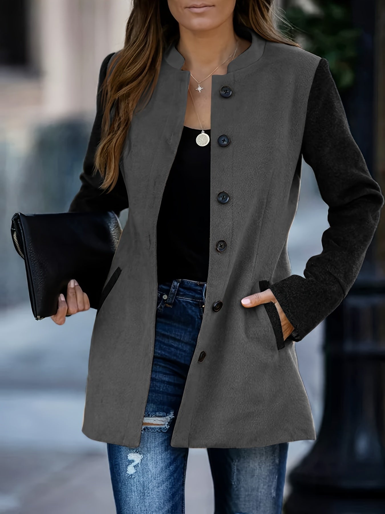 gbolsos Color Block Button Front Jacket, Casual Simple Long Sleeve Outerwear, Women's Clothing