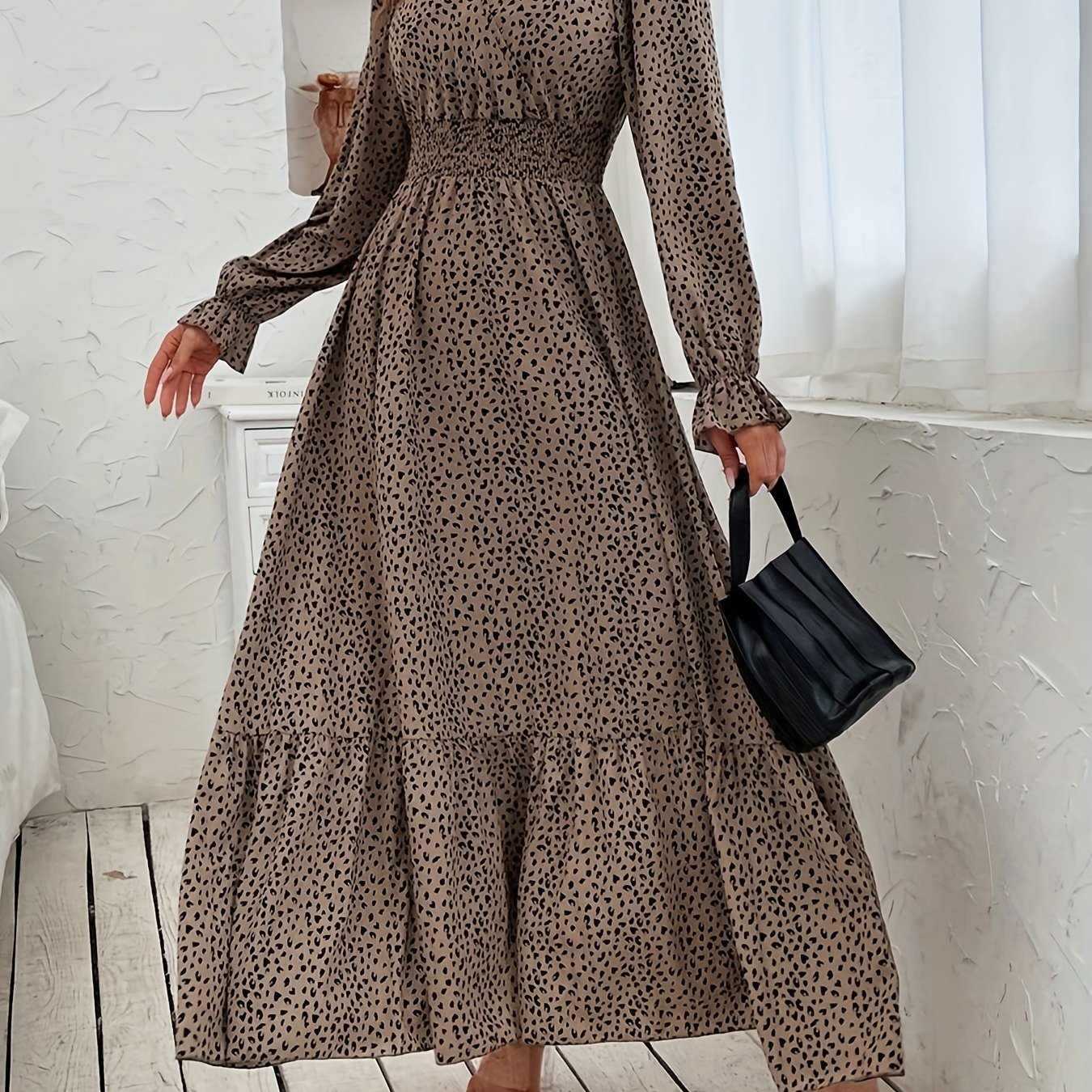 Pin Dot Print High Waist Dress, Elegant V Neck Long Sleeve Maxi Dress, Women's Clothing