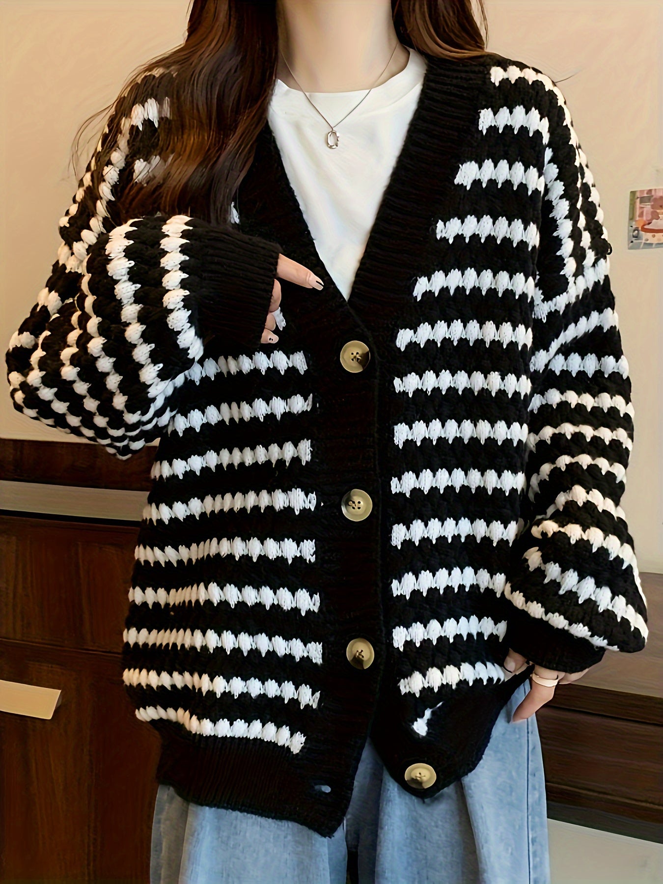 gbolsos Striped Button Down Knit Cardigan, Casual Long Sleeve Drop Shoulder Slouchy Sweater, Women's Clothing