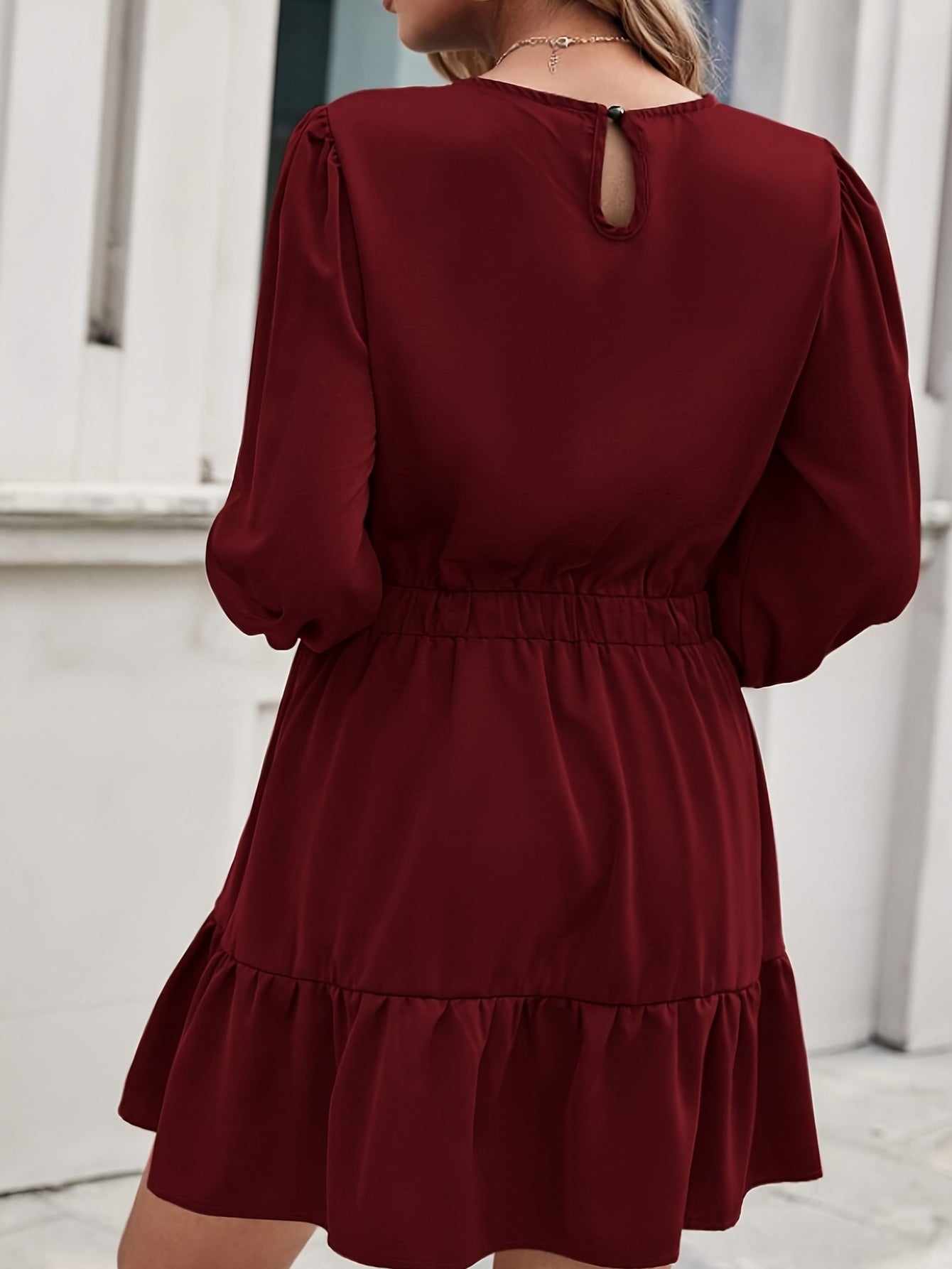 gbolsos Ruffle Hem Solid Dress, Elegant Keyhole Crew Neck Long Sleeve Dress, Women's Clothing