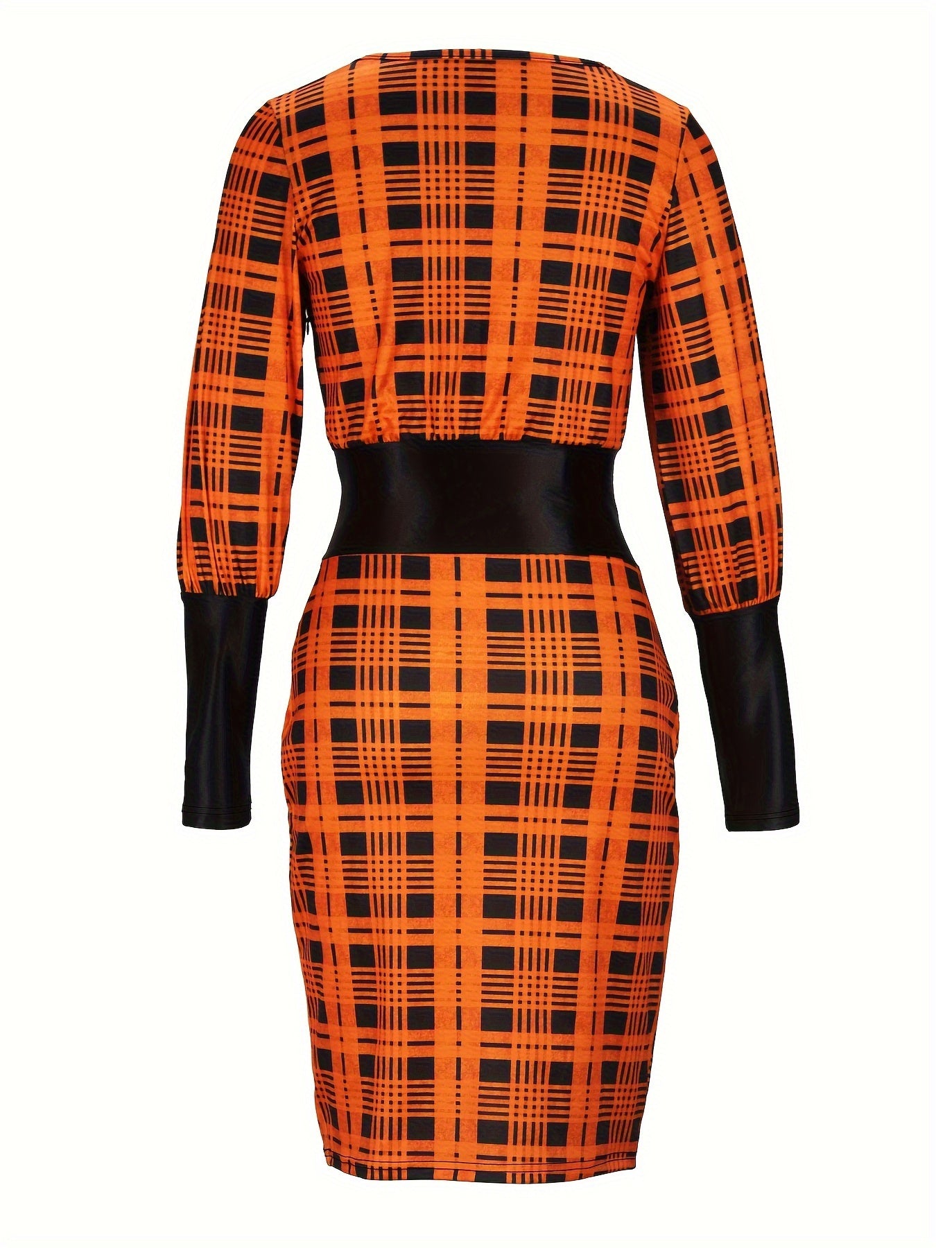 gbolsos Plaid Print Lantern Sleeve Sheath Dress, Casual Crisscross V Neck Cinched Waist Dress, Women's Clothing