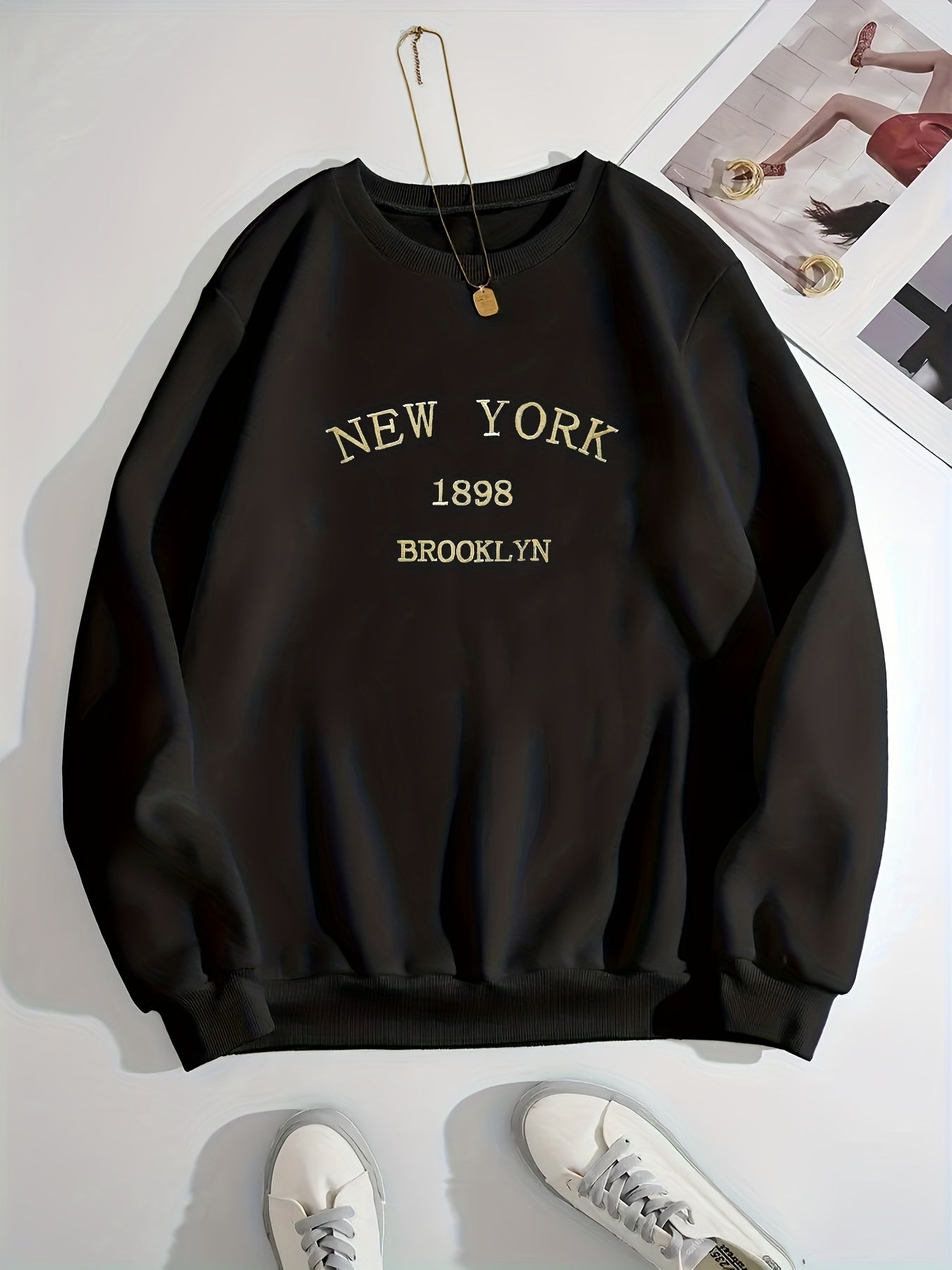 New York Brooklyn Print Loose Sweatshirt, Casual Long Sleeve Crew Neck Sweatshirt, Women's Clothing