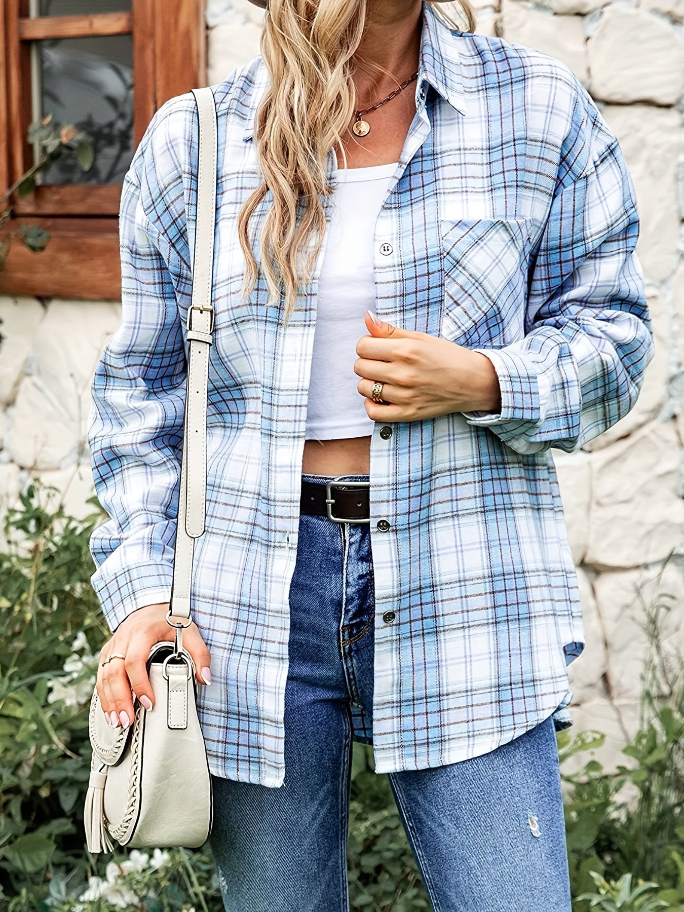 gbolsos Plaid Button Front Pocket Shirt, Casual Long Sleeve Shirt For Spring & Fall, Women's Clothing