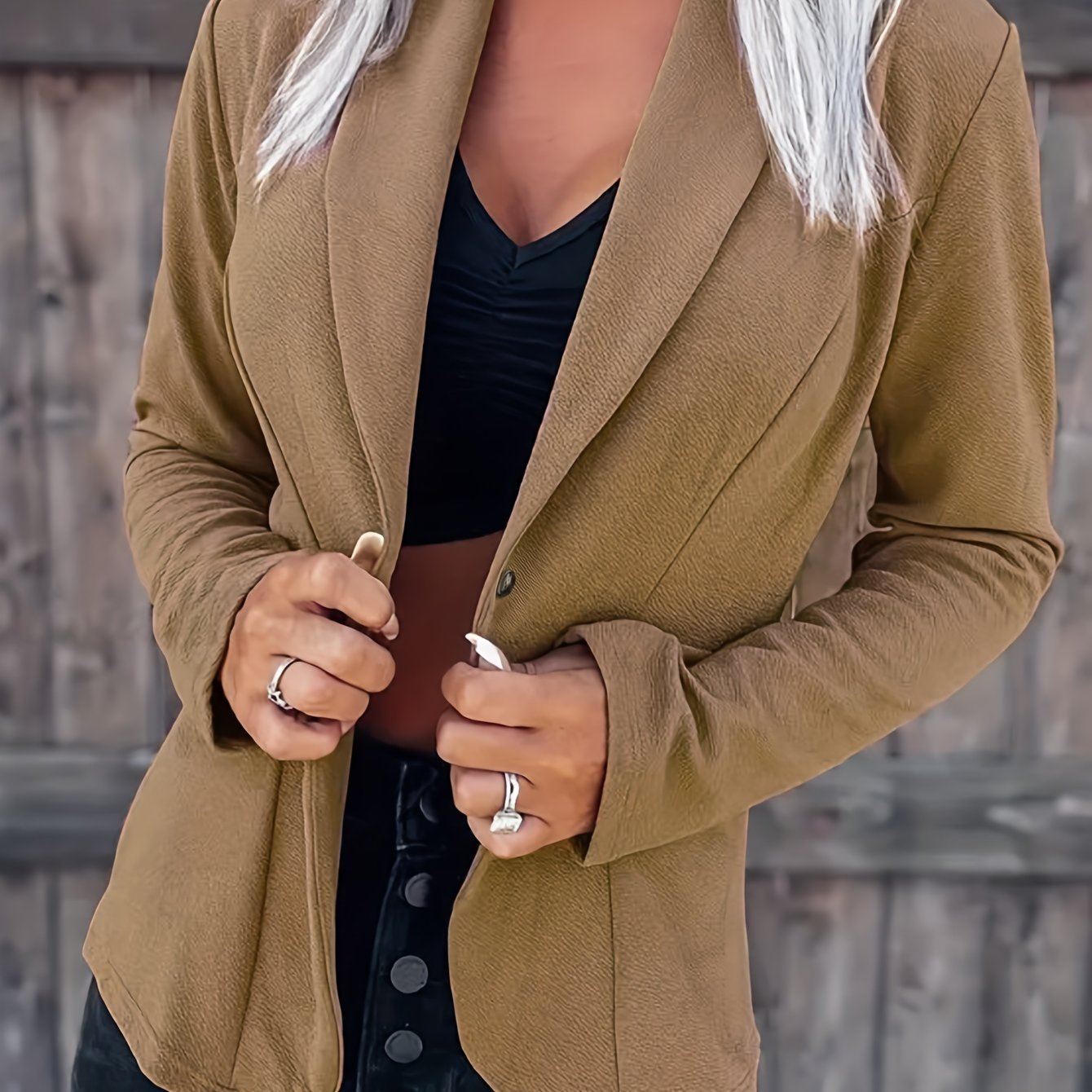 gbolsos Shawl Collar Solid Blazer, Casual Long Sleeve Open Front Outerwear, Women's Clothing